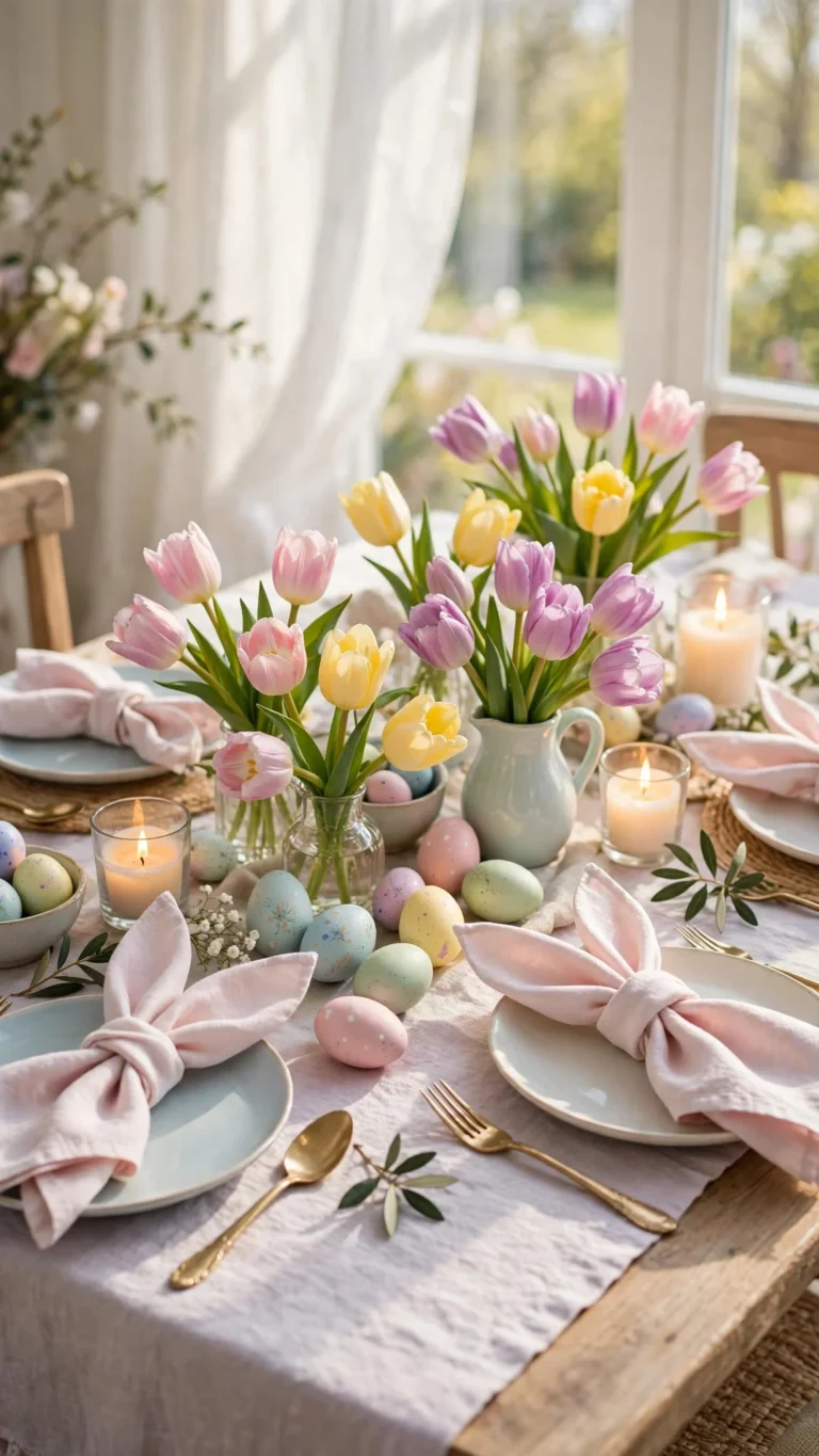 Beautiful Easter dining table in soft pastels with tulips, painted eggs, bunny ear napkins and glowing candles