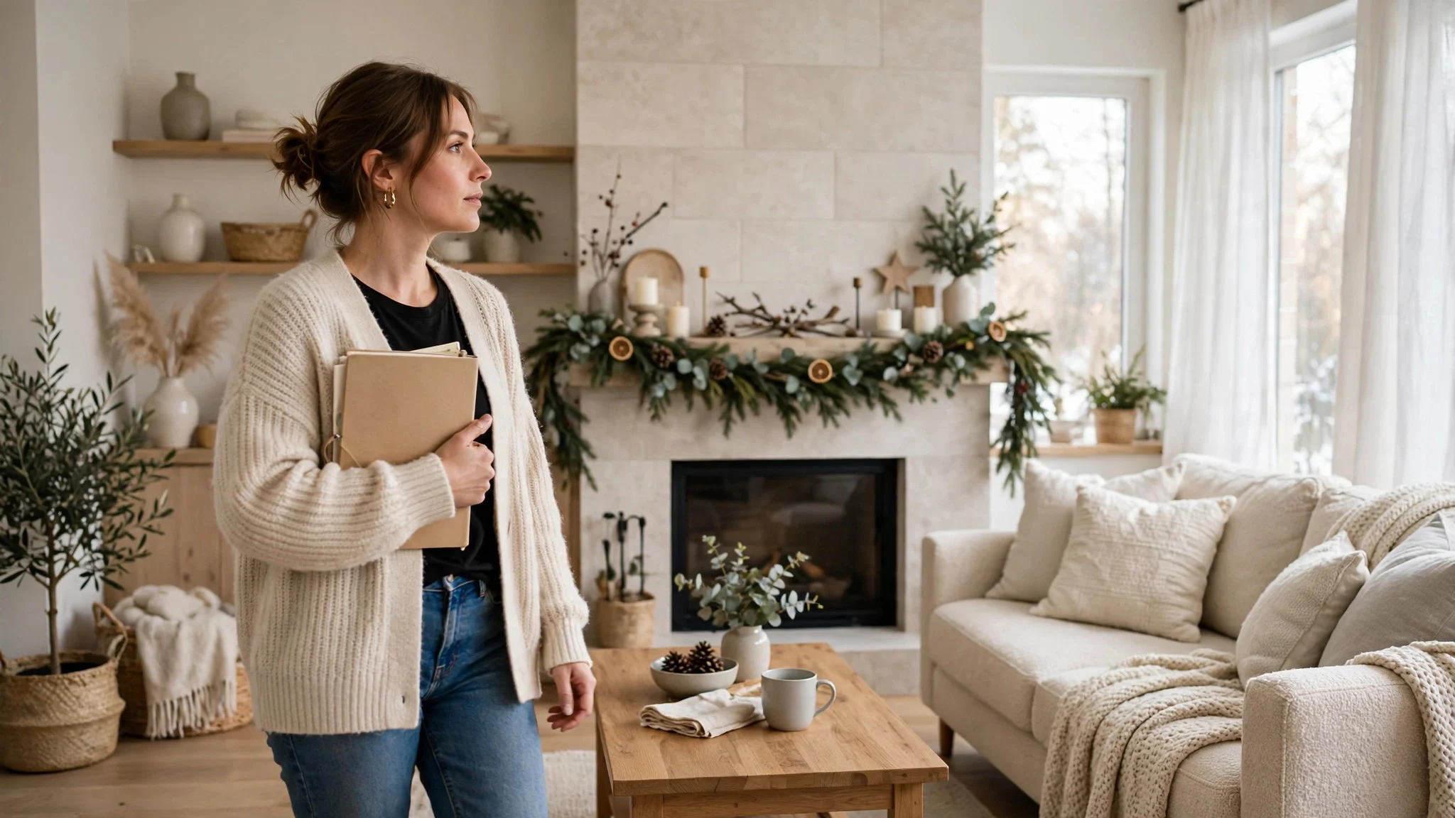 Woman walking through a bright living room with a notebook, assessing winter decor before spring refresh