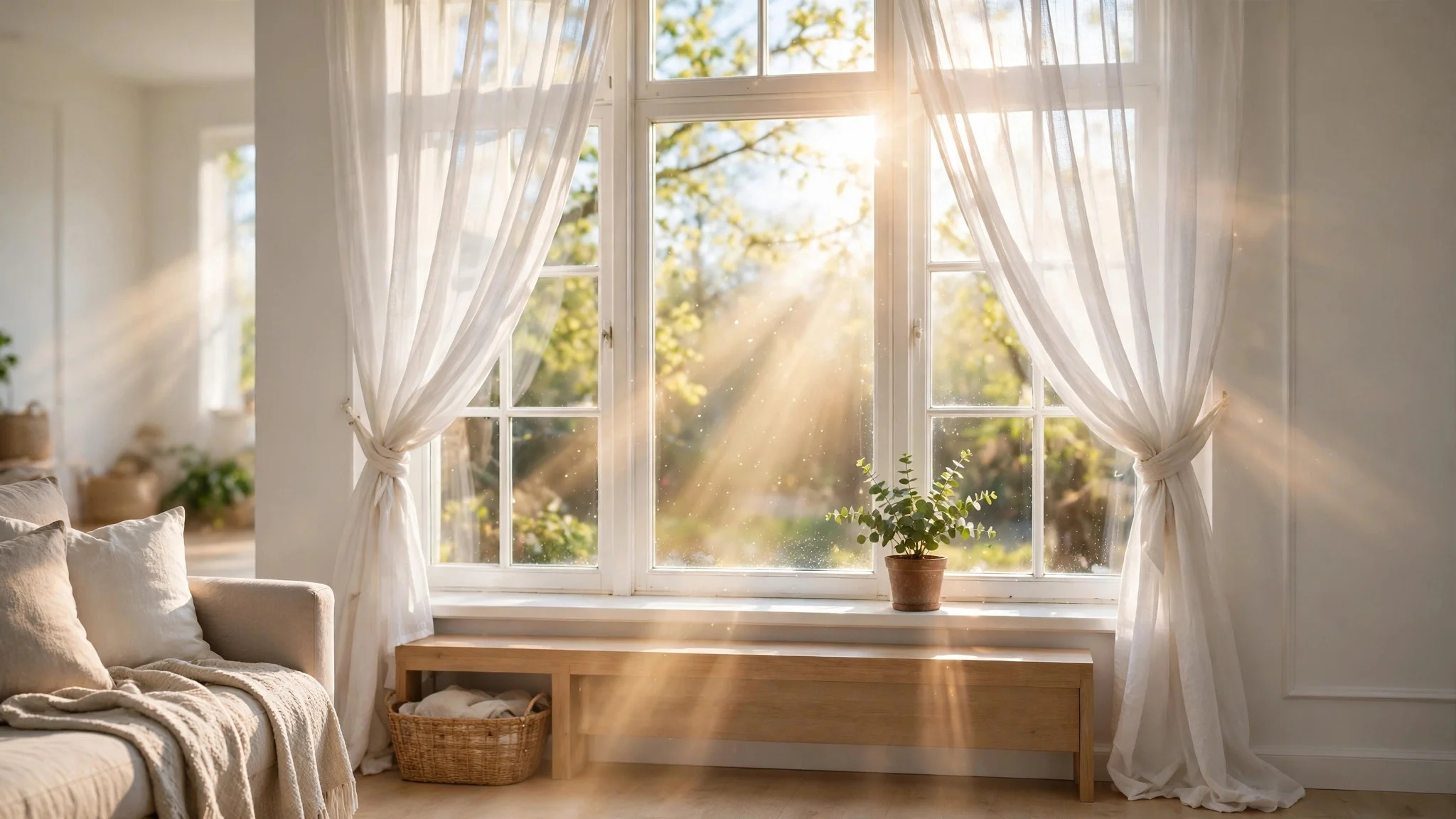 Bright living room window with sheer white curtains letting in spring sunlight