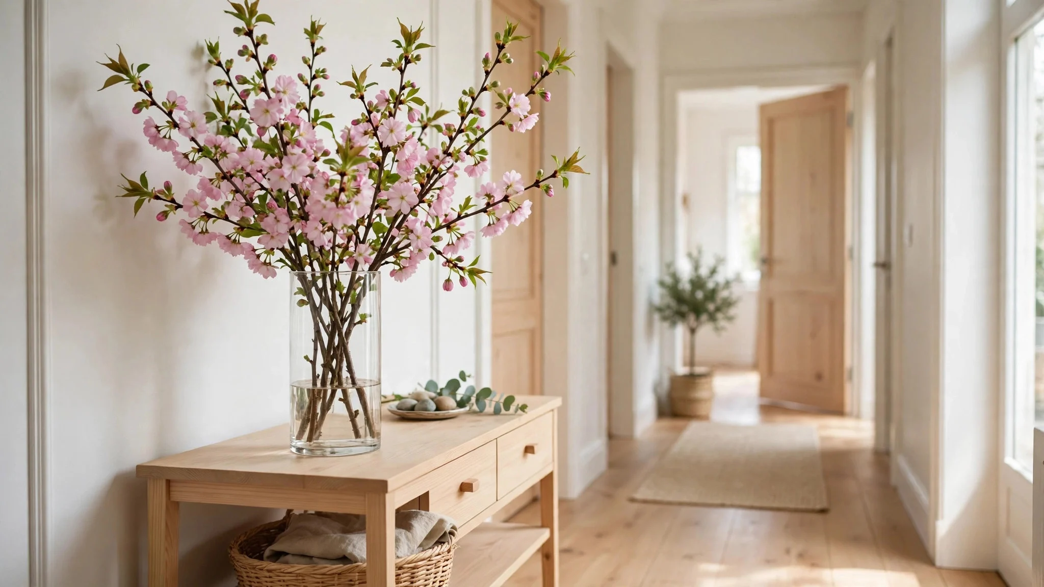 Clear glass vase with fresh blossom branches and green buds on a wooden console table