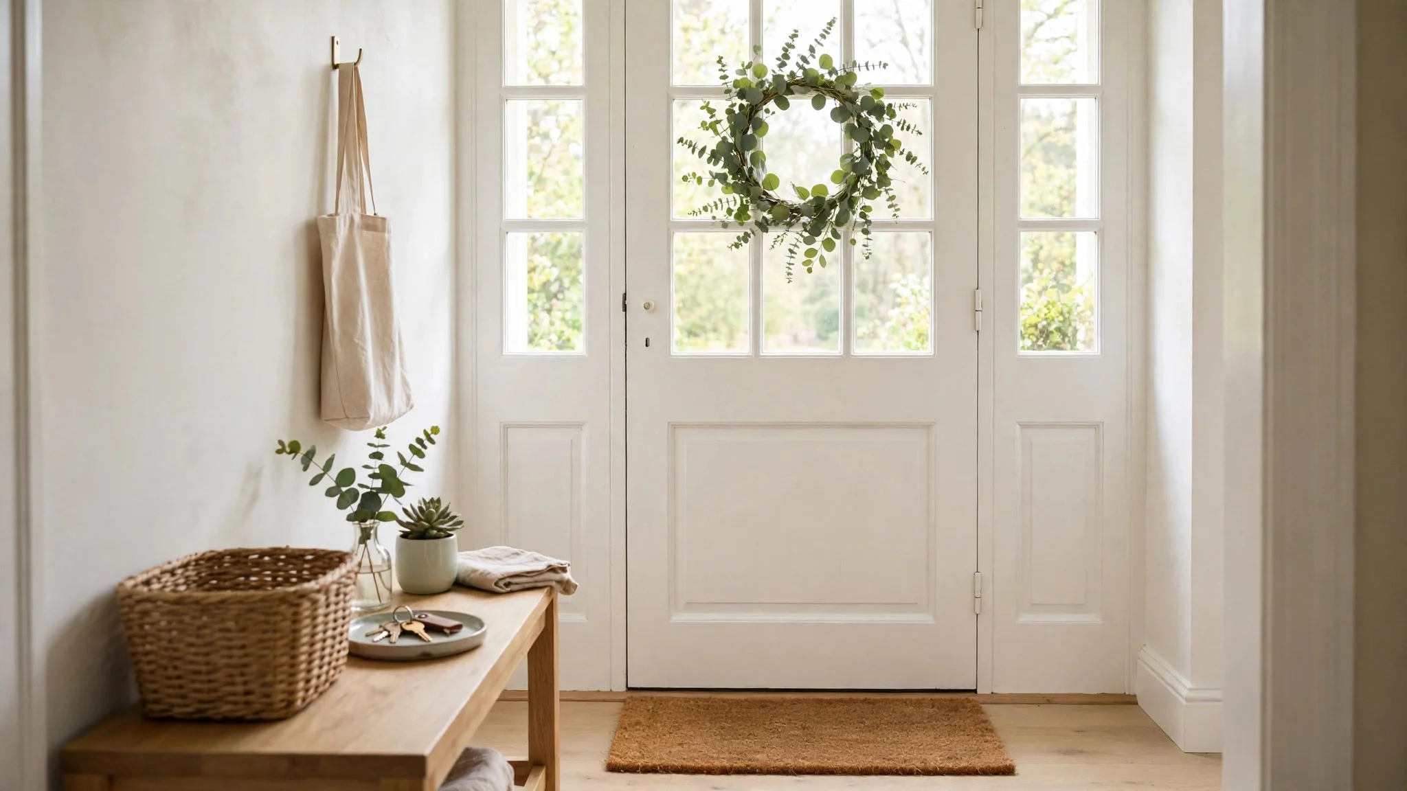 Bright entryway with a light coir doormat, simple green wreath on the door, and a basket for keys