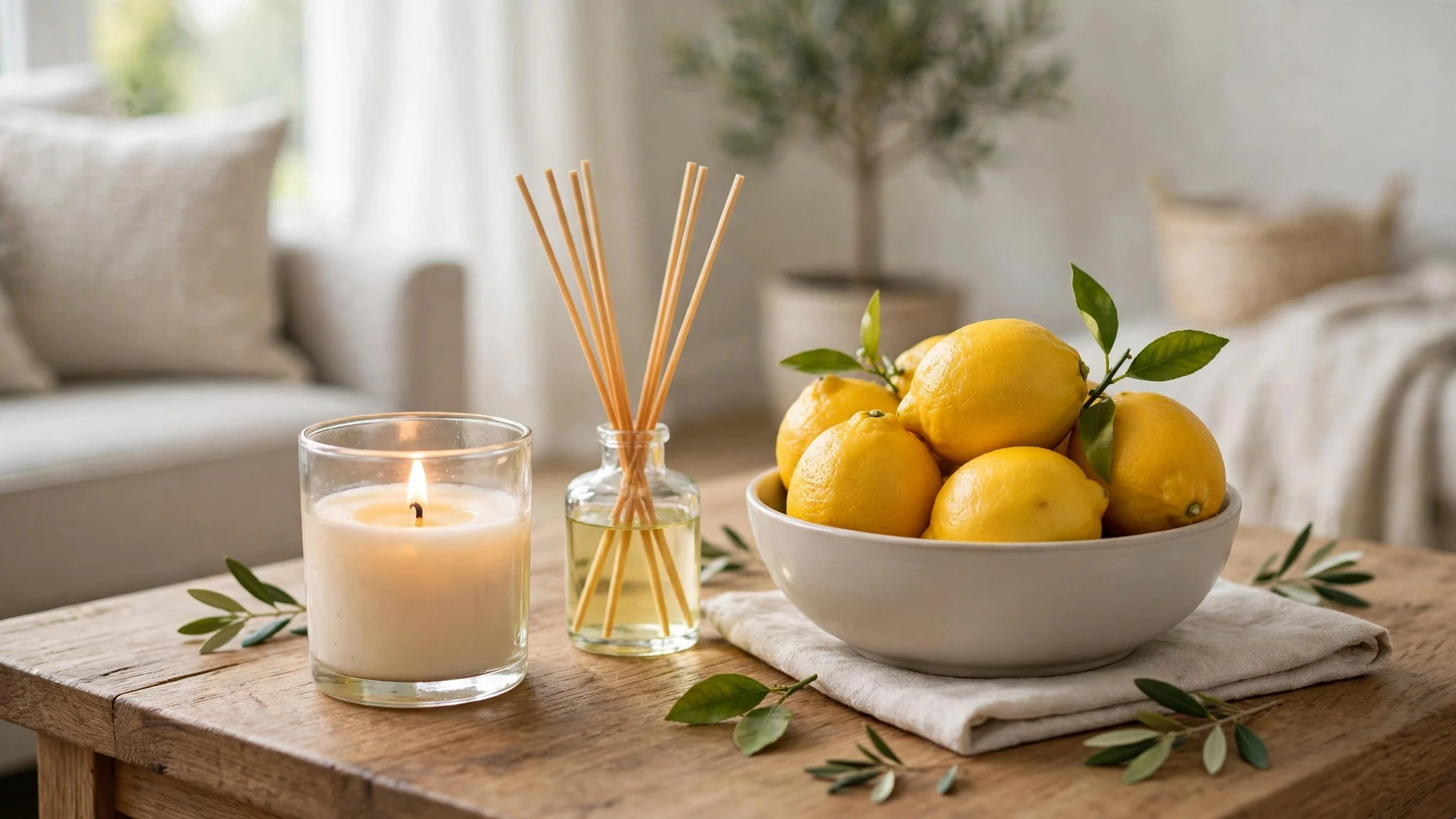 Coffee table with a lit citrus candle, small diffuser, and a bowl of fresh lemons
