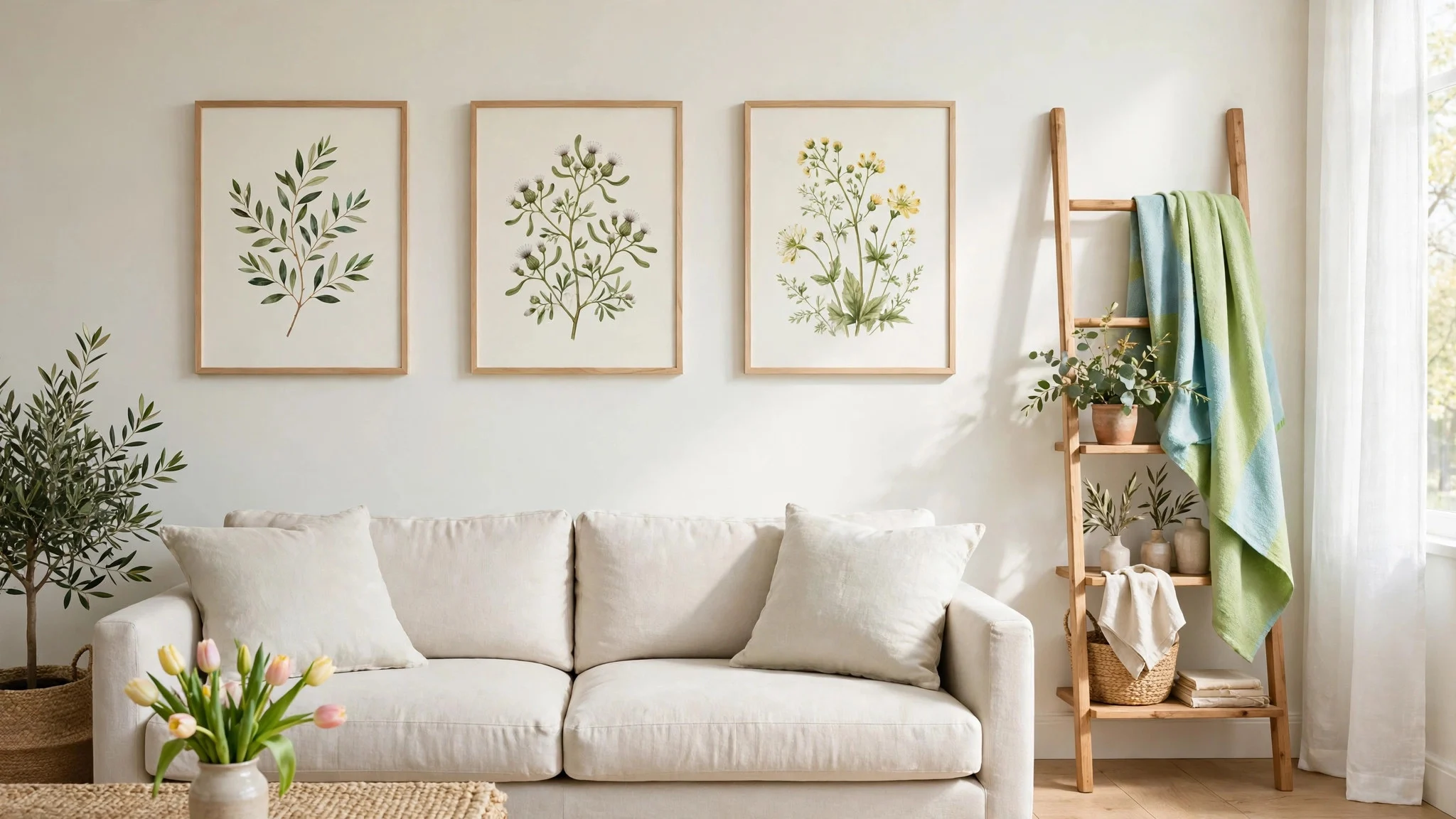 Living room wall with light botanical prints and pale linen cushions swapped in for winter textiles