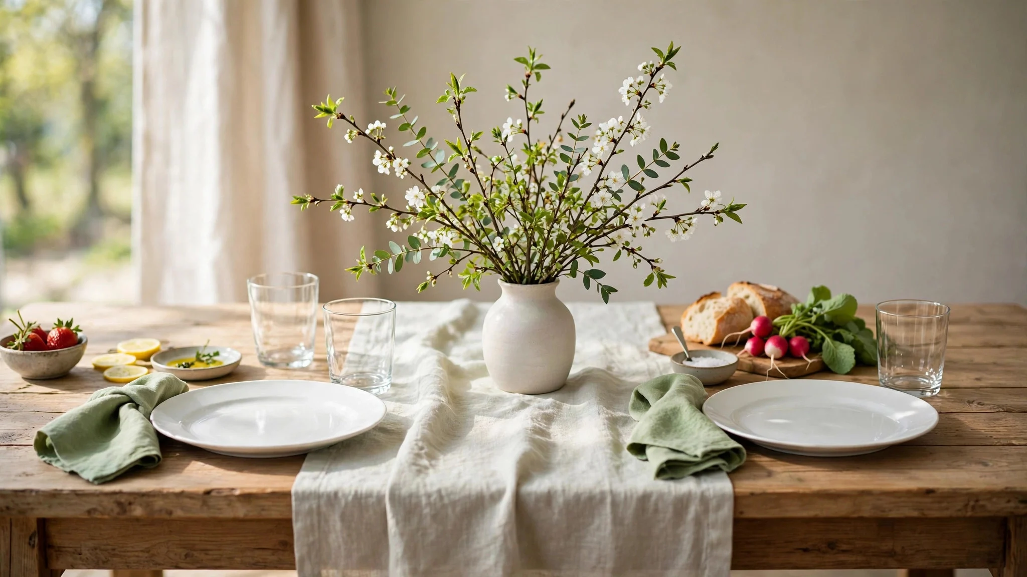 Dining table with pale linen runner, white plates, clear glasses, and a vase of fresh spring stems