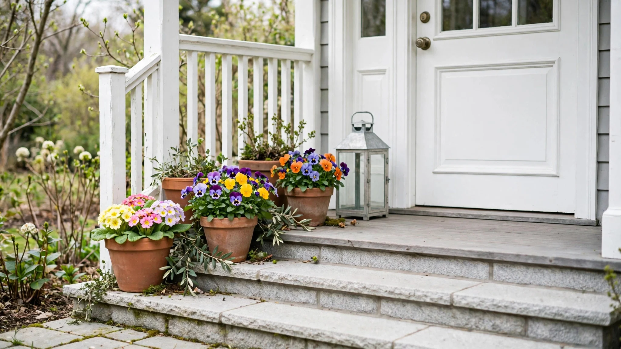 Front porch with potted primroses and pansies, a light lantern, and a swept clean step