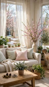 Bright living room transitioning from winter to spring with blossom branches, pale cushions and spring sunlight