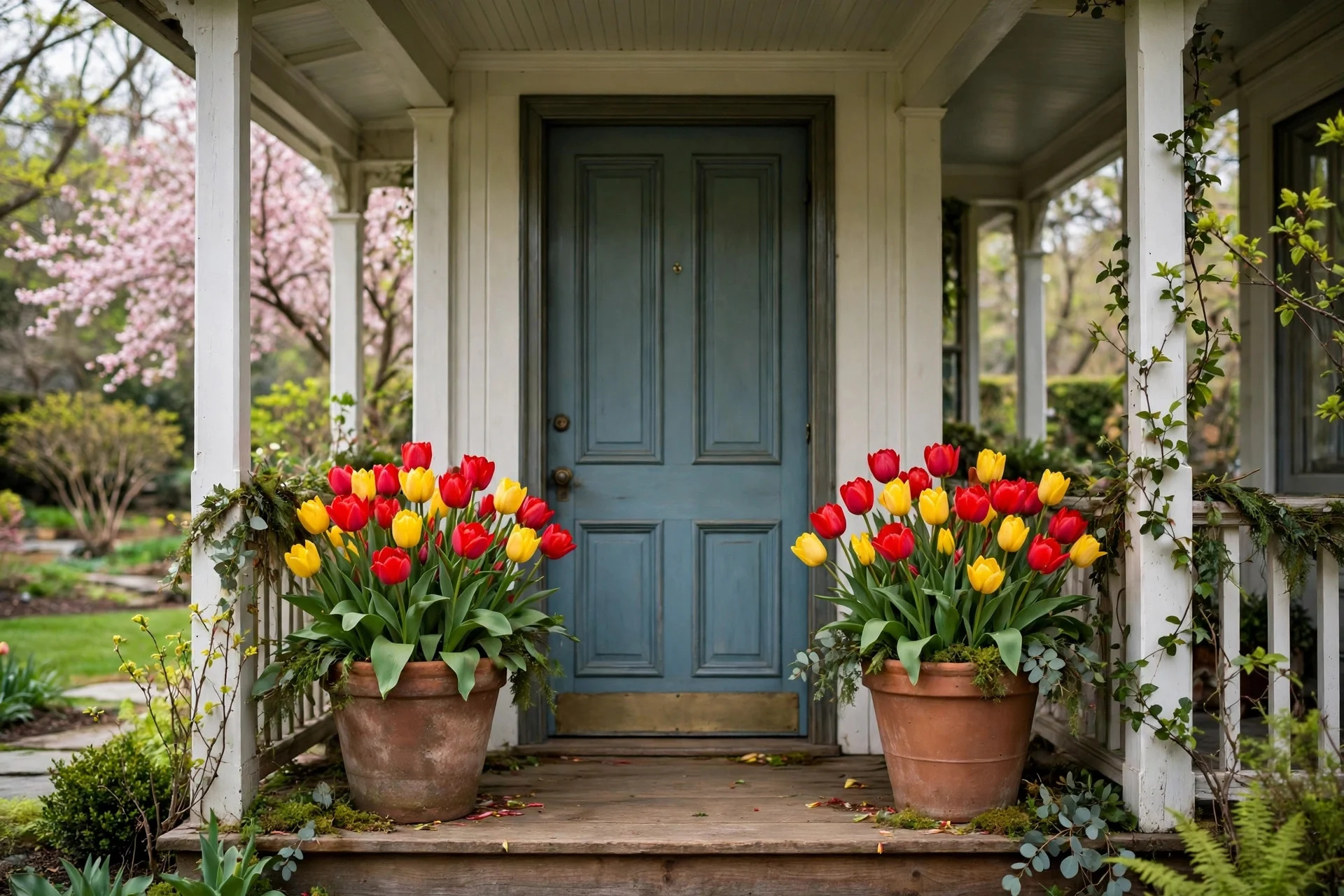 Terracotta pots filled with red and yellow tulips flanking a front door