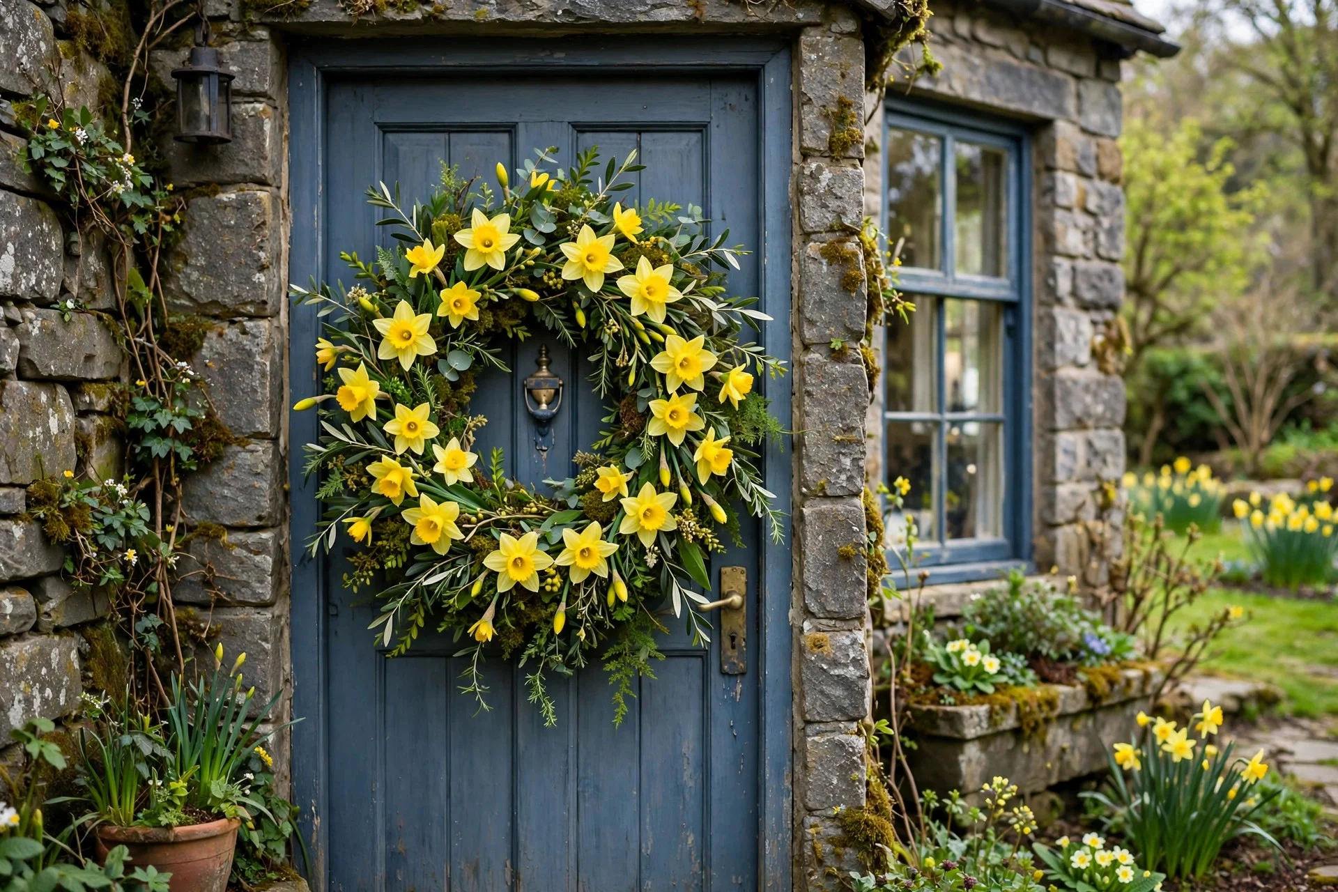 Fresh spring flower wreath with daffodils and greenery on a front door