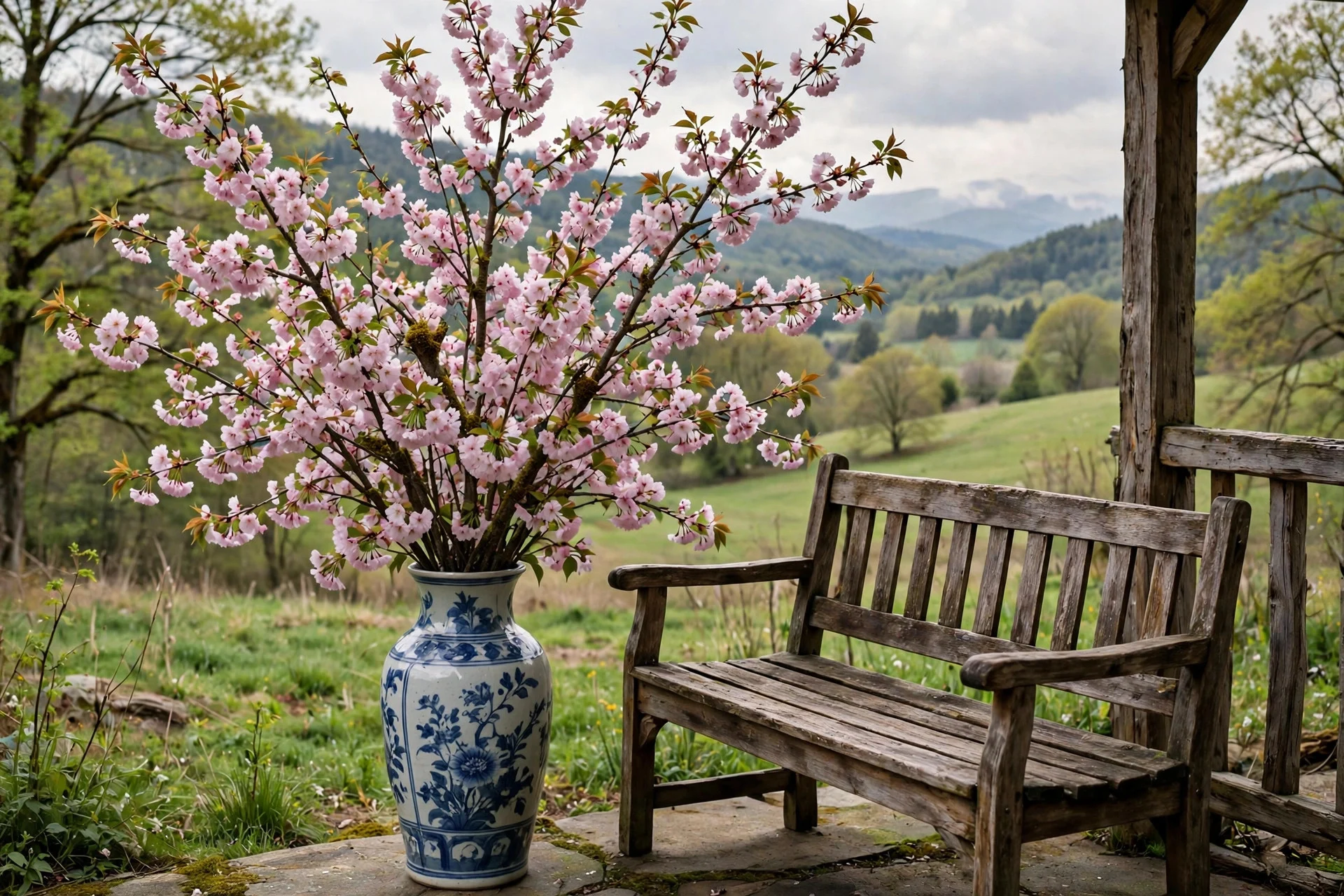Tall vase of blooming cherry branches beside a porch bench
