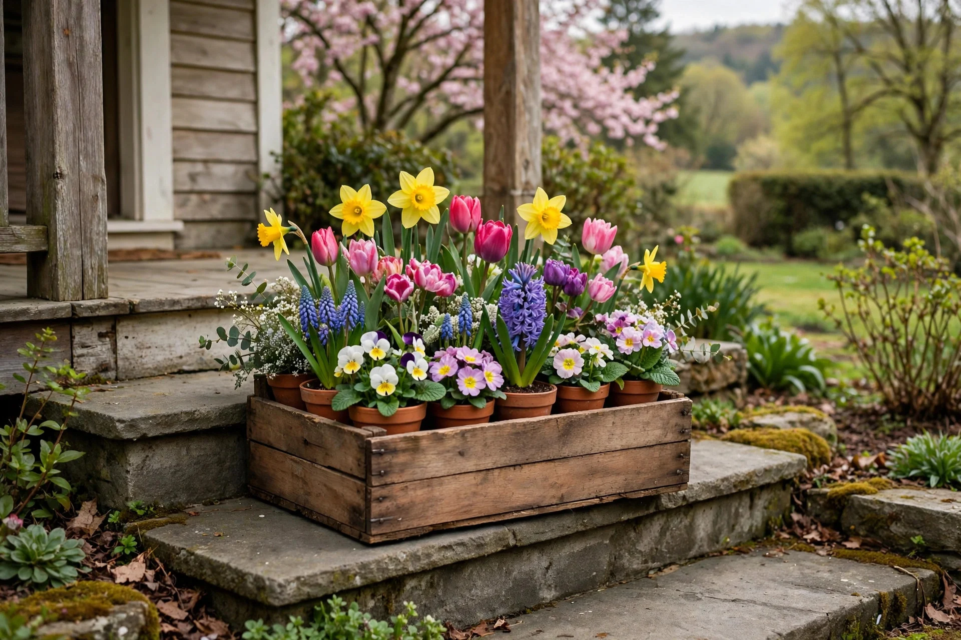 Wooden crate filled with colorful potted spring flowers on porch steps
