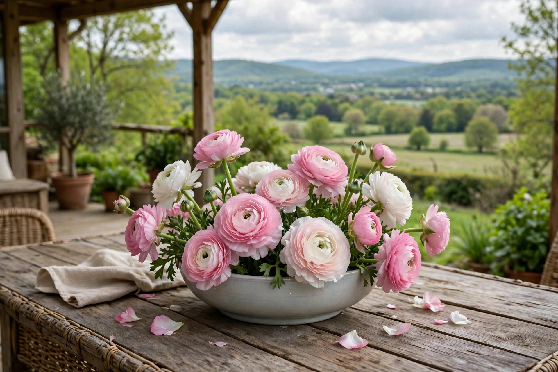 Low bowl of pink and white ranunculus as a porch table centerpiece