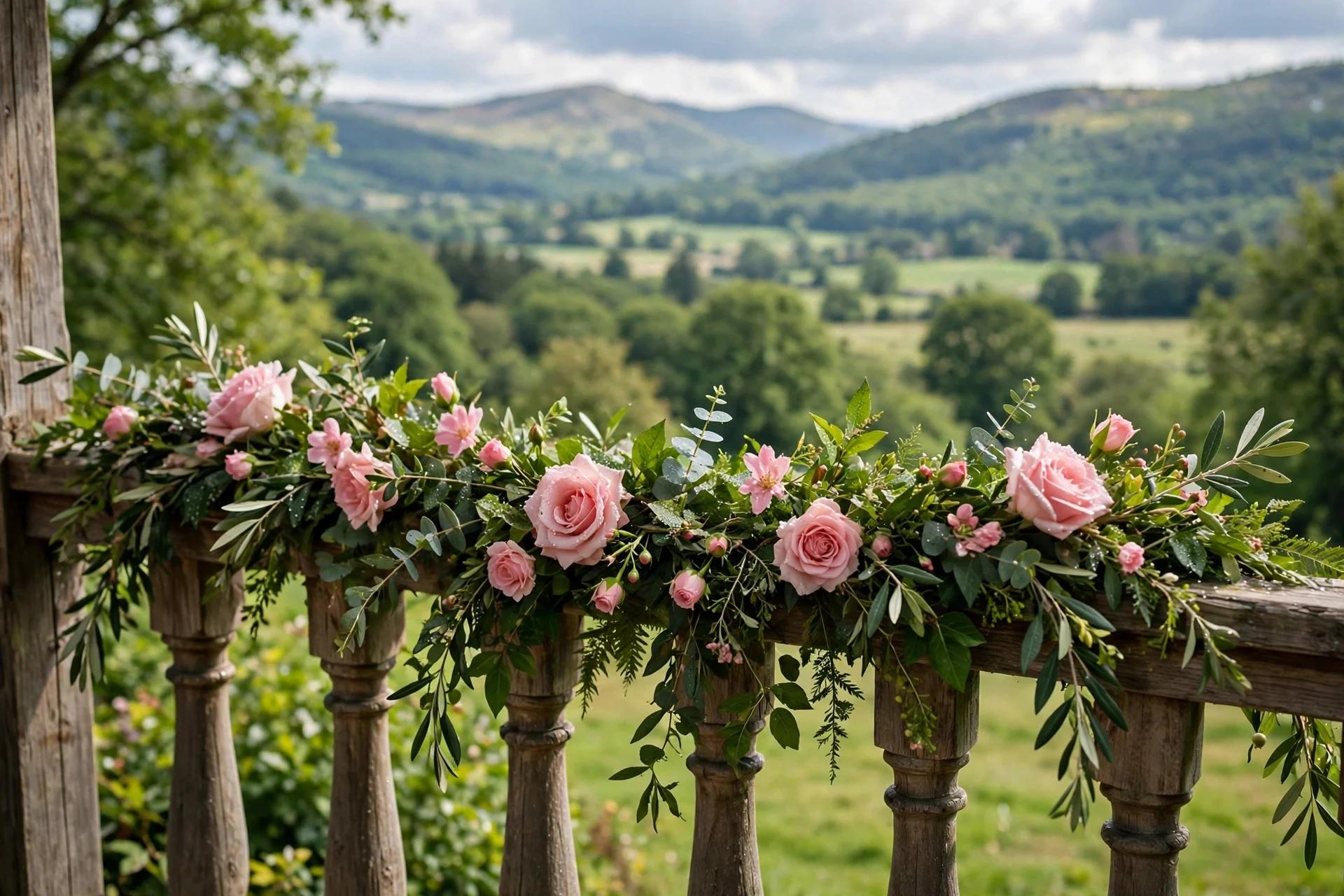 Fresh flower garland with pink blooms and greenery draped along a porch railing