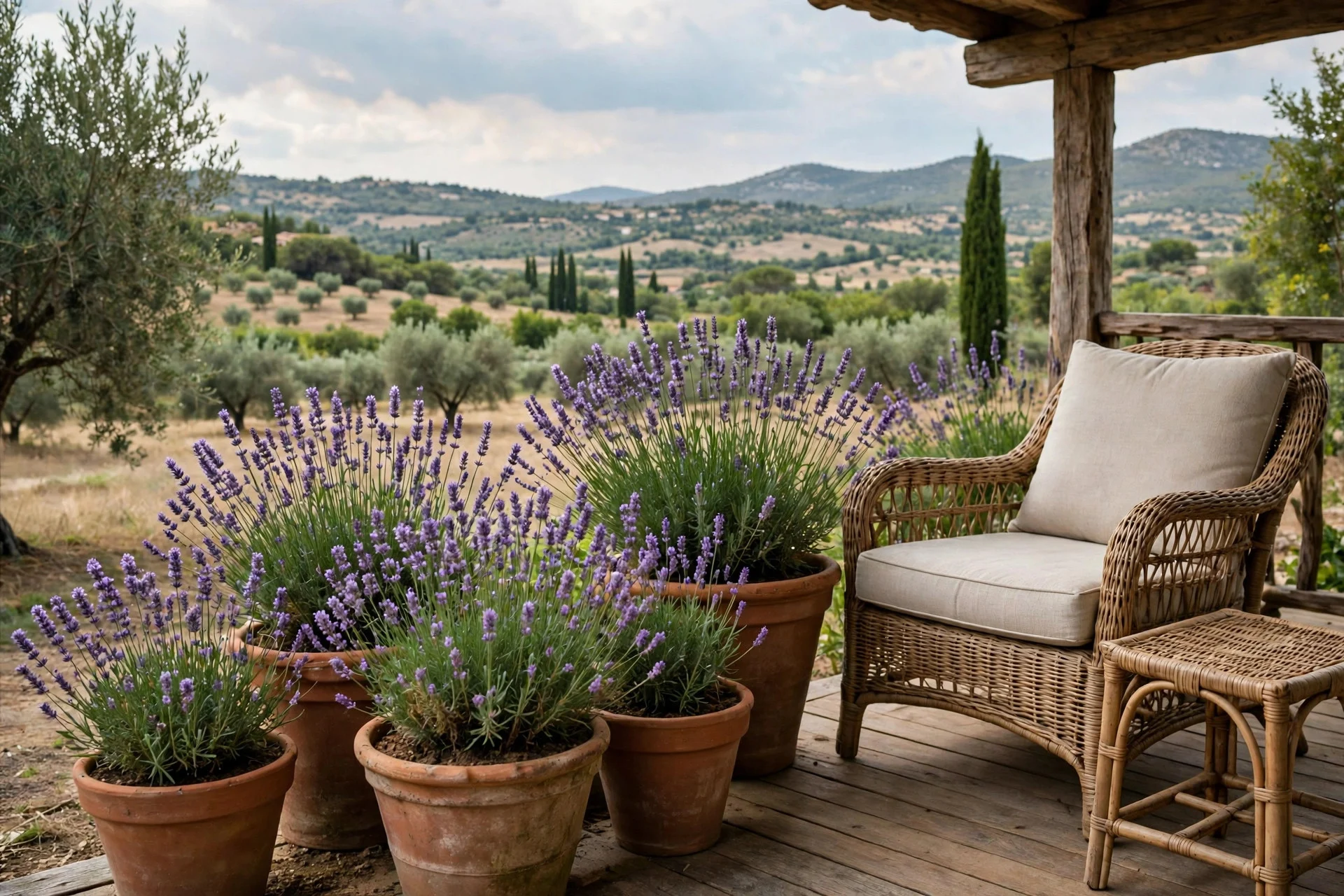 Terracotta pots of blooming lavender beside porch seating