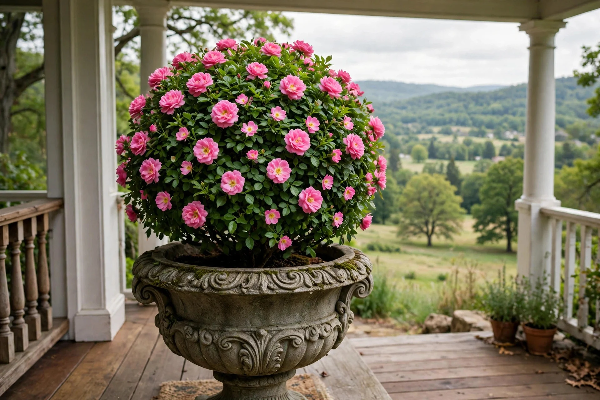 Rose topiary in a classic stone urn on a front porch