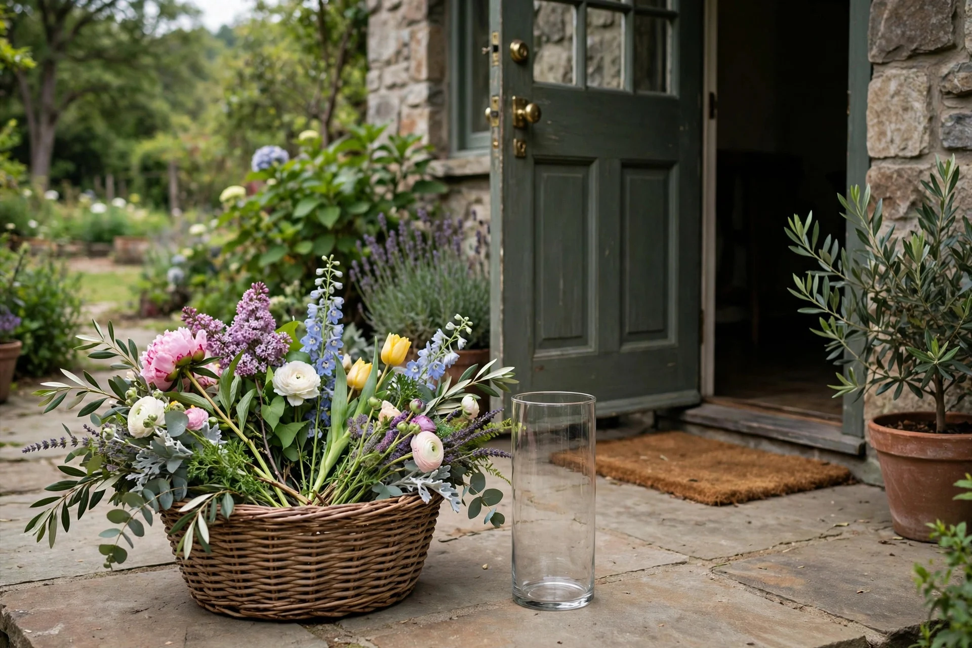 Basket of fresh cut flowers and a vase by a front door ready for arranging