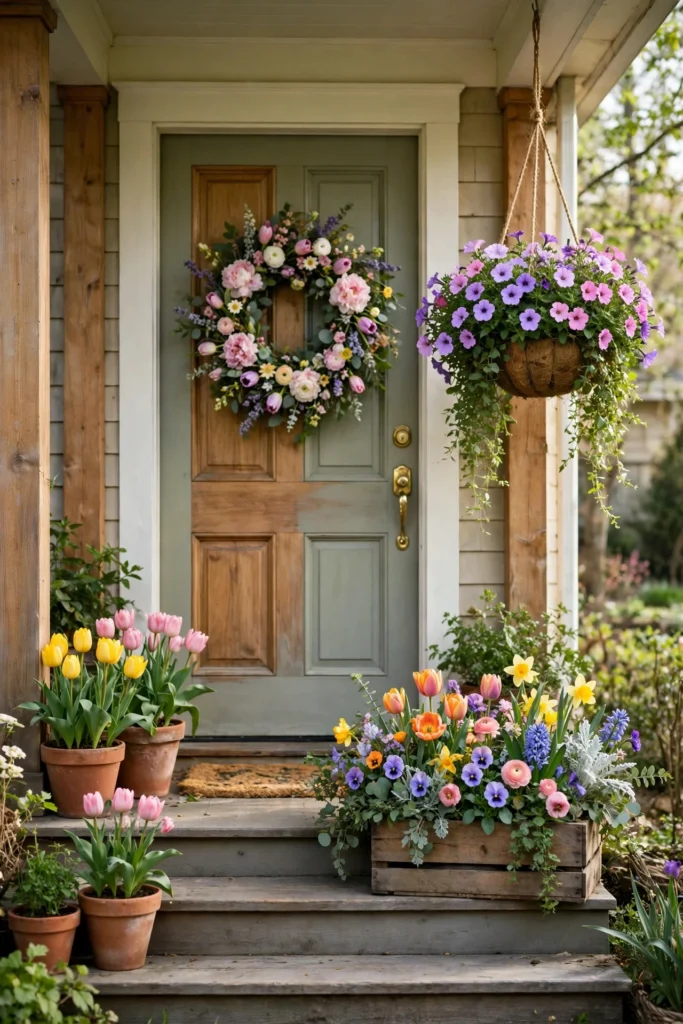 Sunny spring front porch with terracotta tulips, hanging petunias, a fresh flower wreath and a crate of colorful blooms