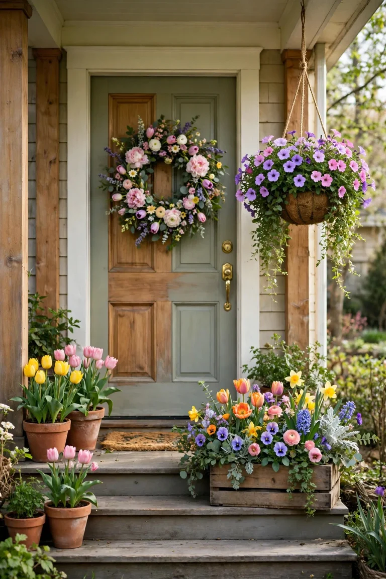 Sunny spring front porch with terracotta tulips, hanging petunias, a fresh flower wreath and a crate of colorful blooms