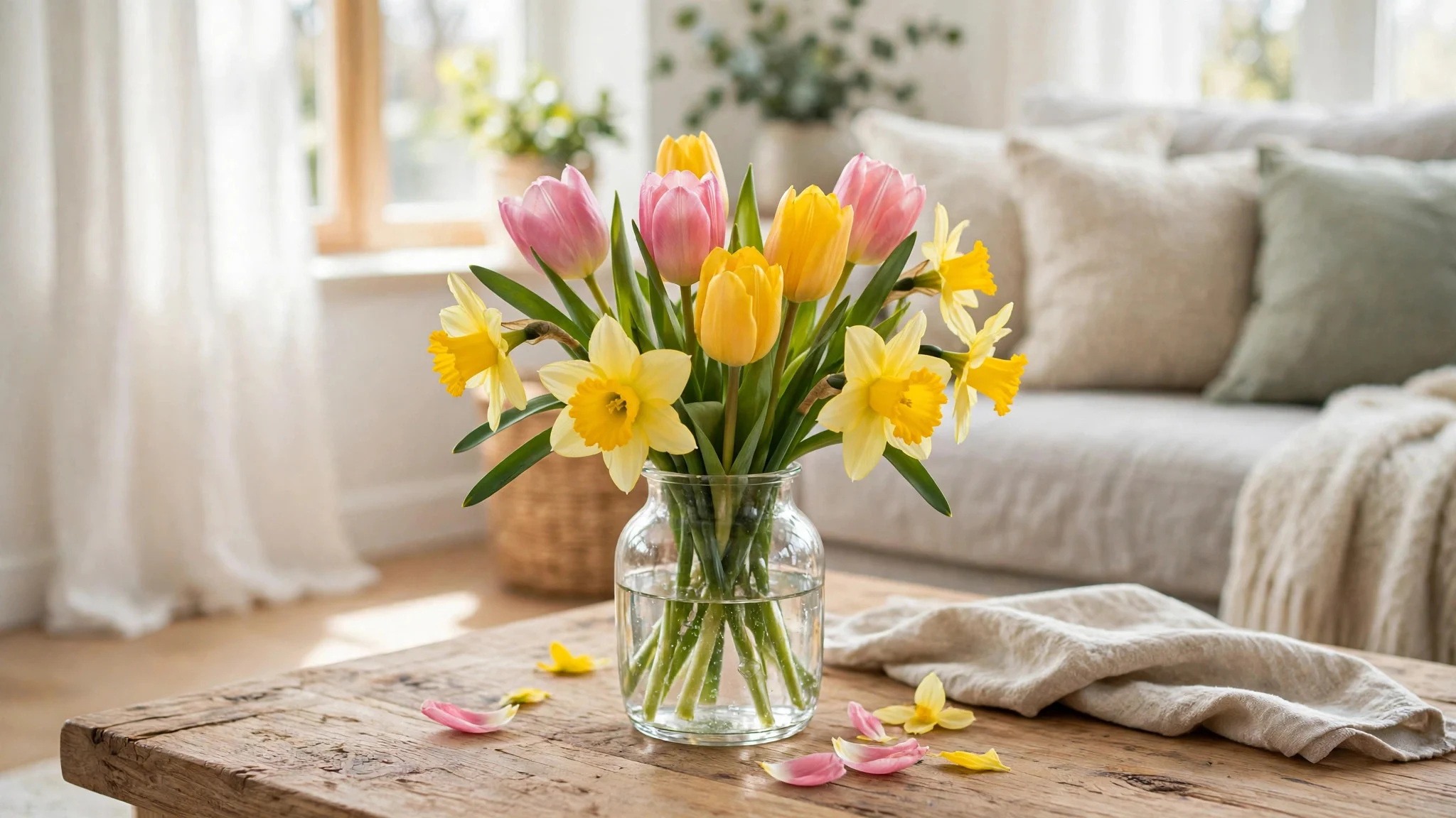 Small vase of fresh spring tulips and daffodils on a living room coffee table