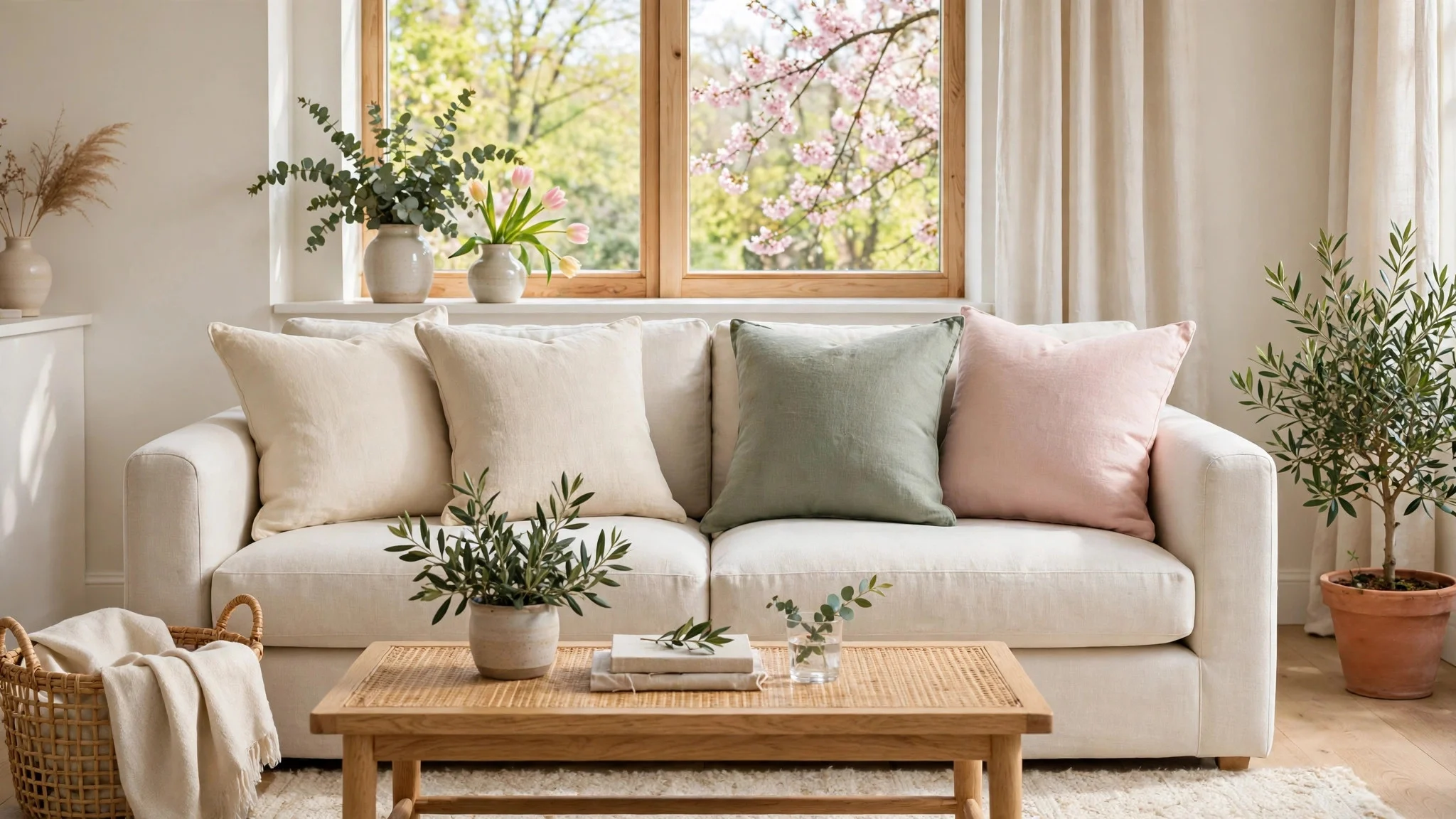 Sofa with pale linen cushions in cream, sage, and blush in a spring living room
