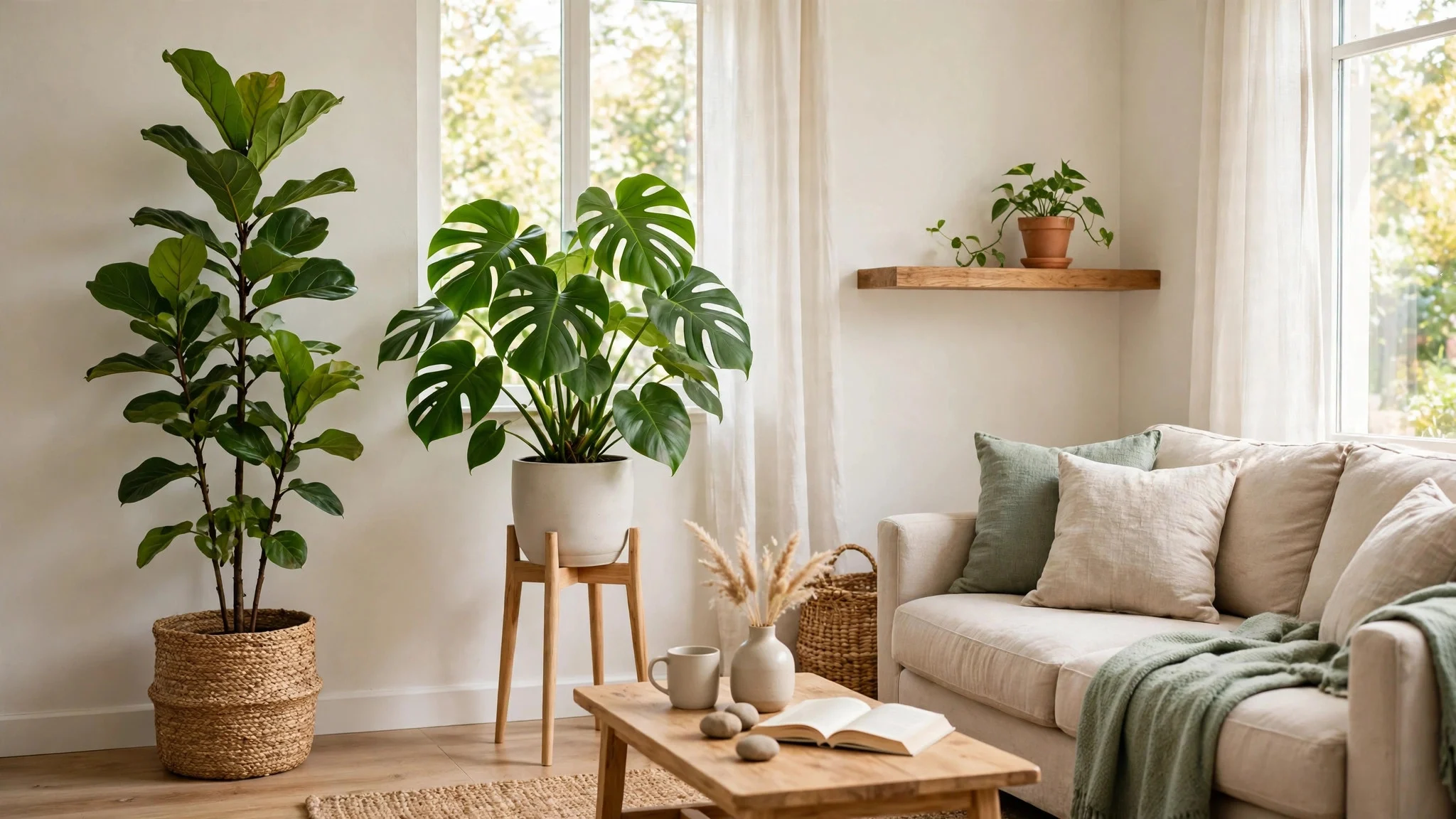 Living room with houseplants at different heights beside a sofa and on a stand
