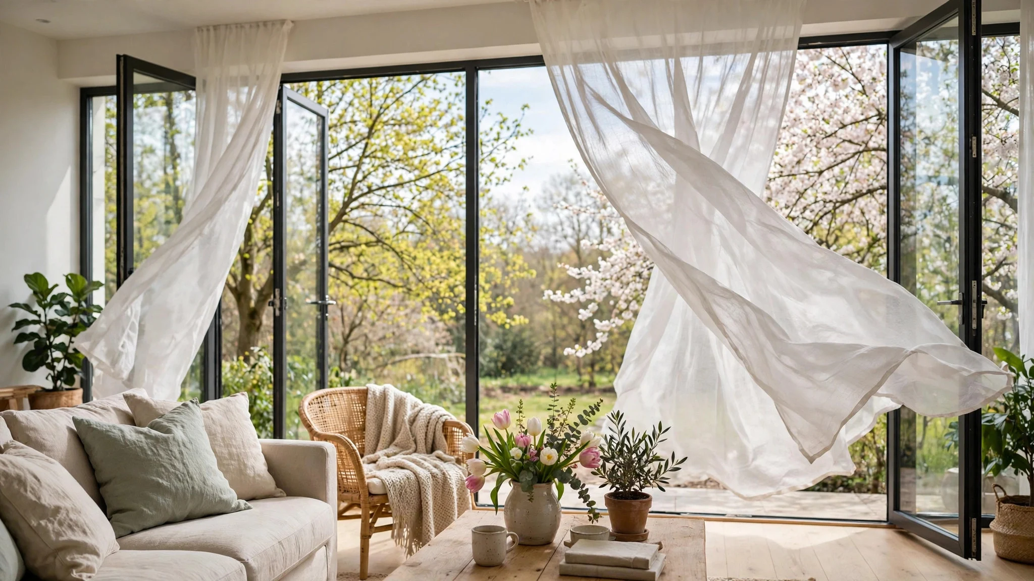 Living room windows opened wide with sheer curtains blowing in a spring breeze