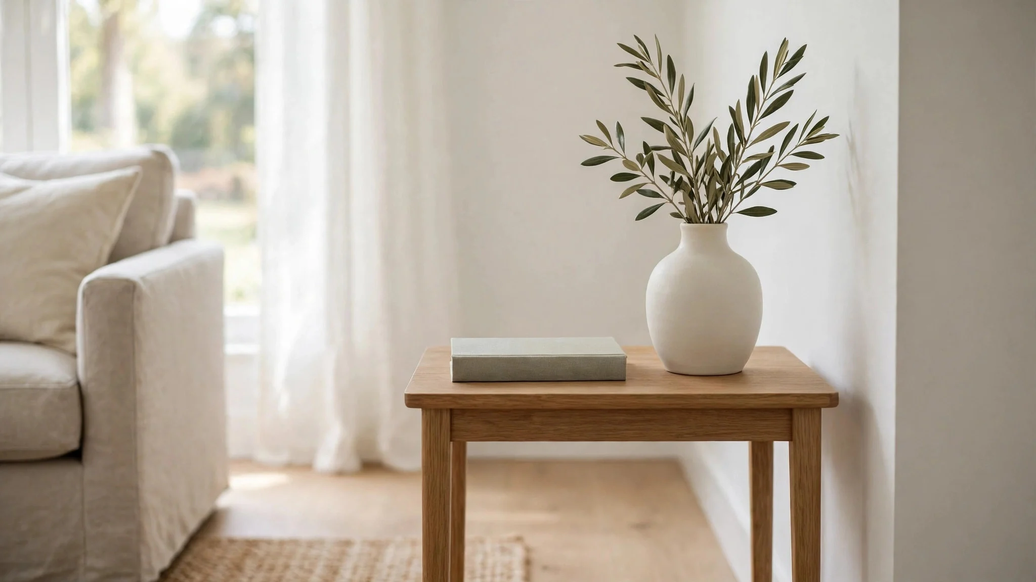 Uncluttered living room side table with a single vase and a book