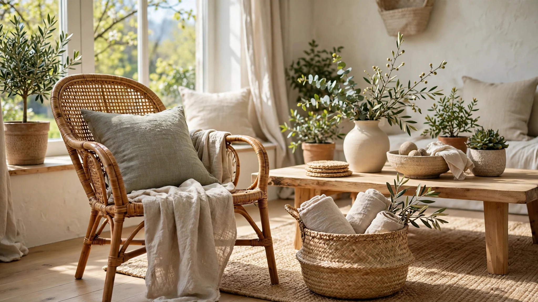 Living room with rattan chair, woven basket, and natural textures in spring light