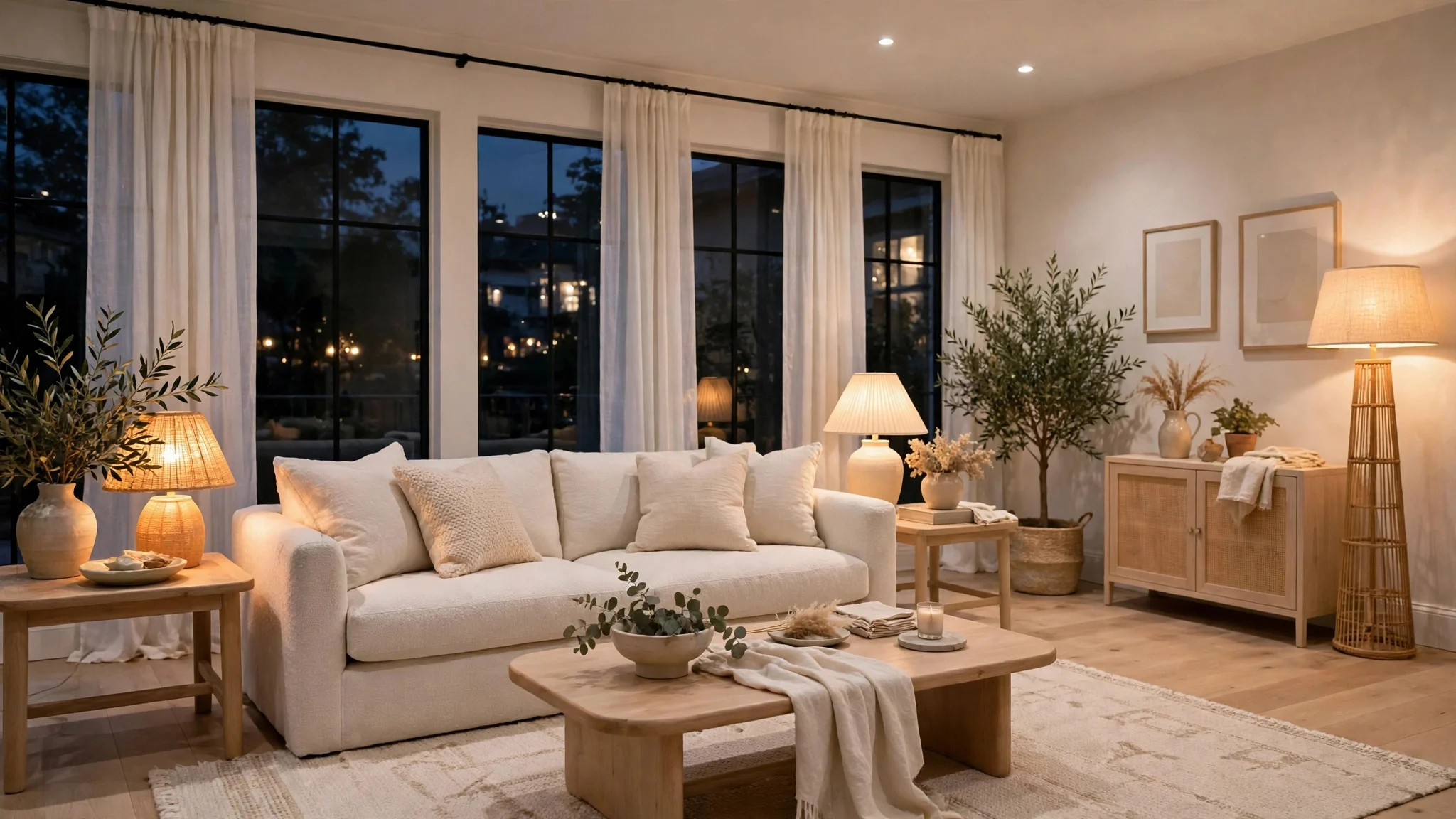 Bright living room in the evening with warm table lamps and soft lighting
