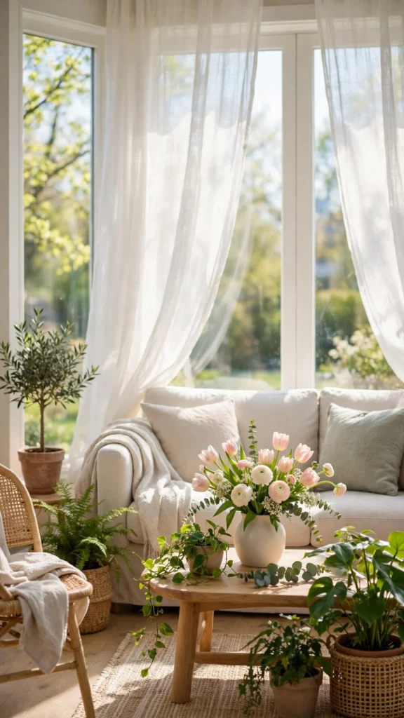 Light and airy spring living room with sheer curtains, pale sofa, plants, and fresh flowers in sunlight