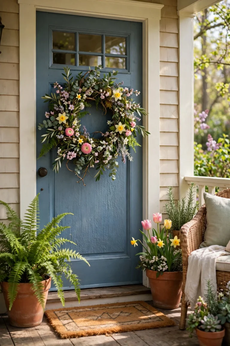 Charming spring front porch with a fresh flower and greenery wreath on the door and potted plants beside it