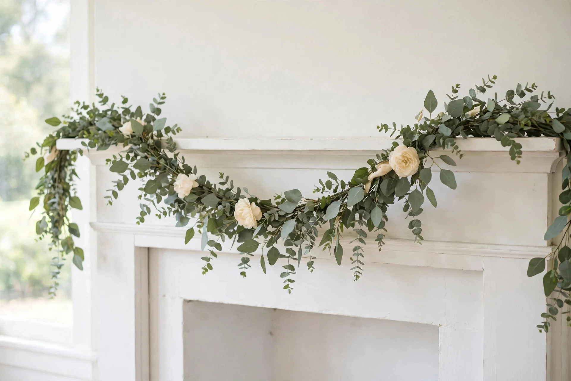 Cream and sage eucalyptus garland draped softly across a white fireplace mantel