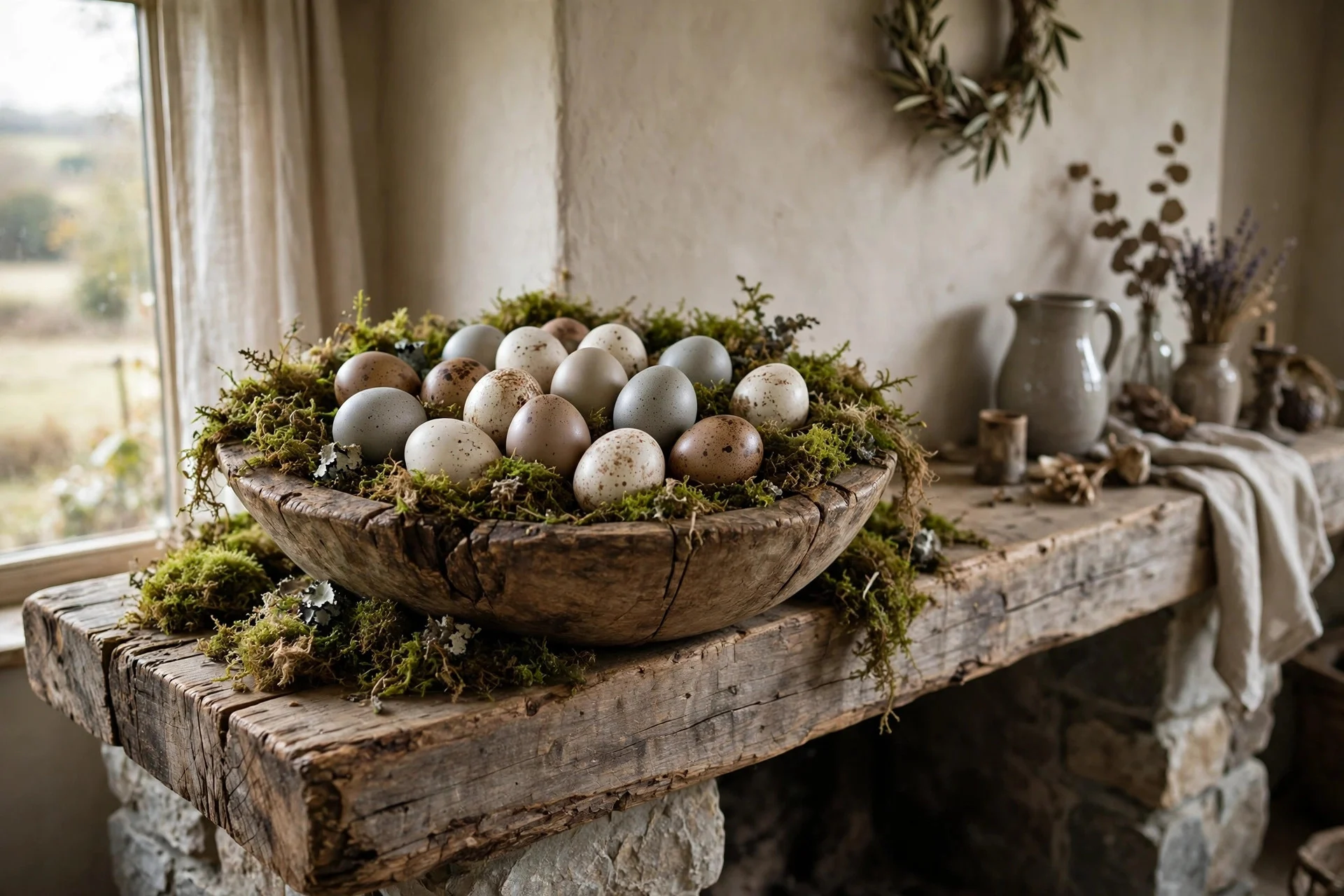 Speckled cream and beige eggs resting in a rustic wooden dough bowl on a mantel