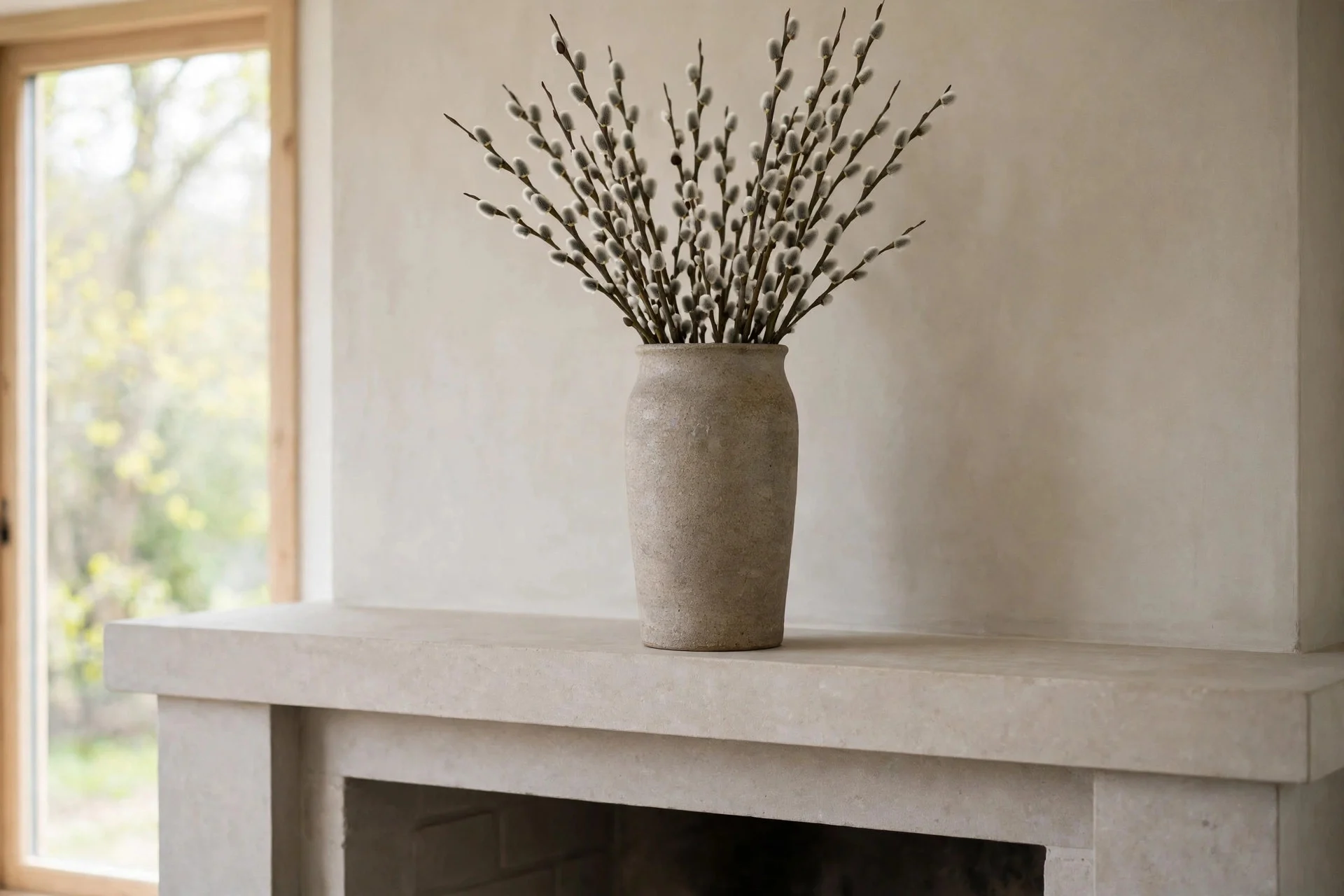 Tall vase of pussy willow stems with soft grey catkins on a neutral mantel