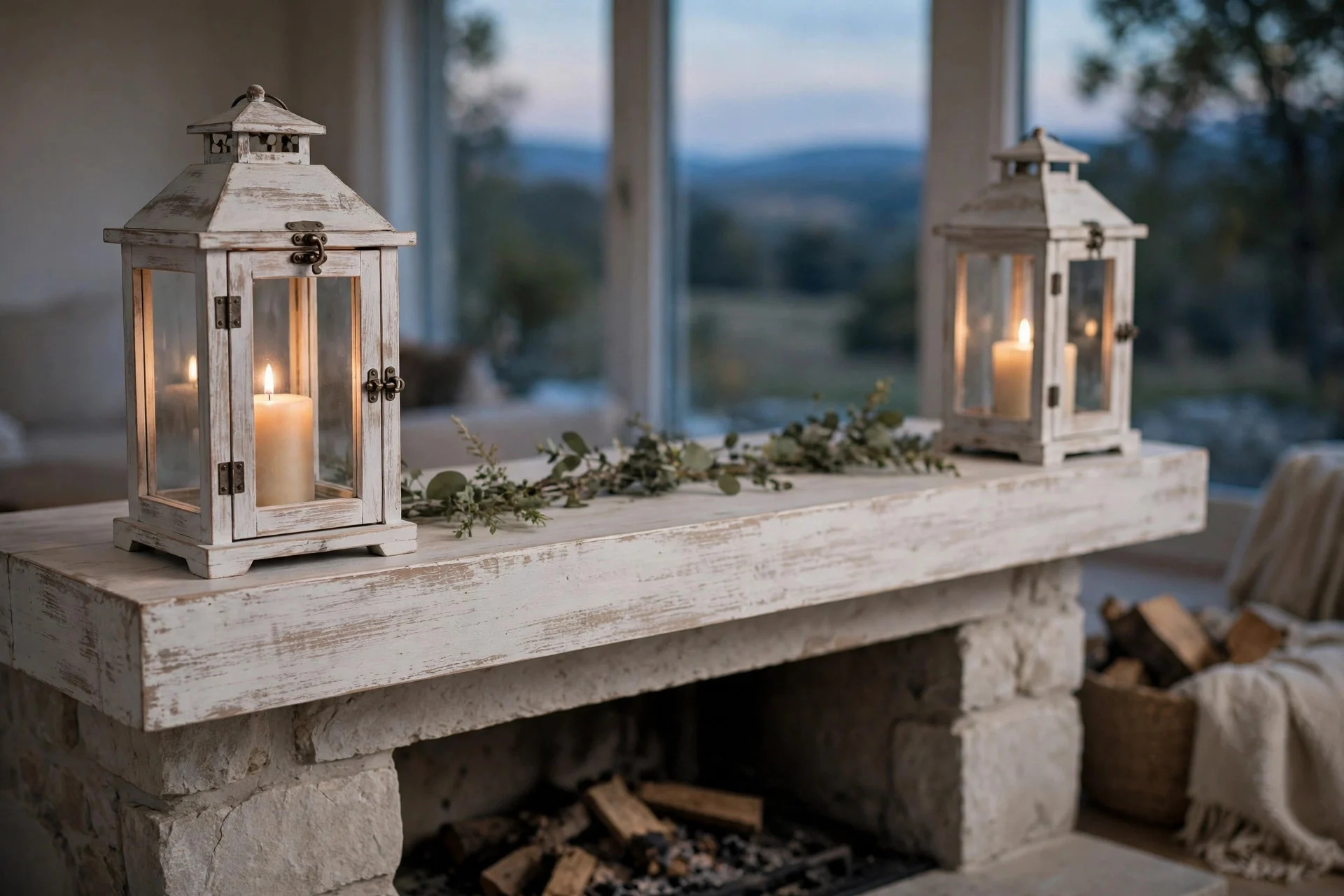 Pair of whitewashed wooden lanterns with candles flanking neutral Easter mantel decor