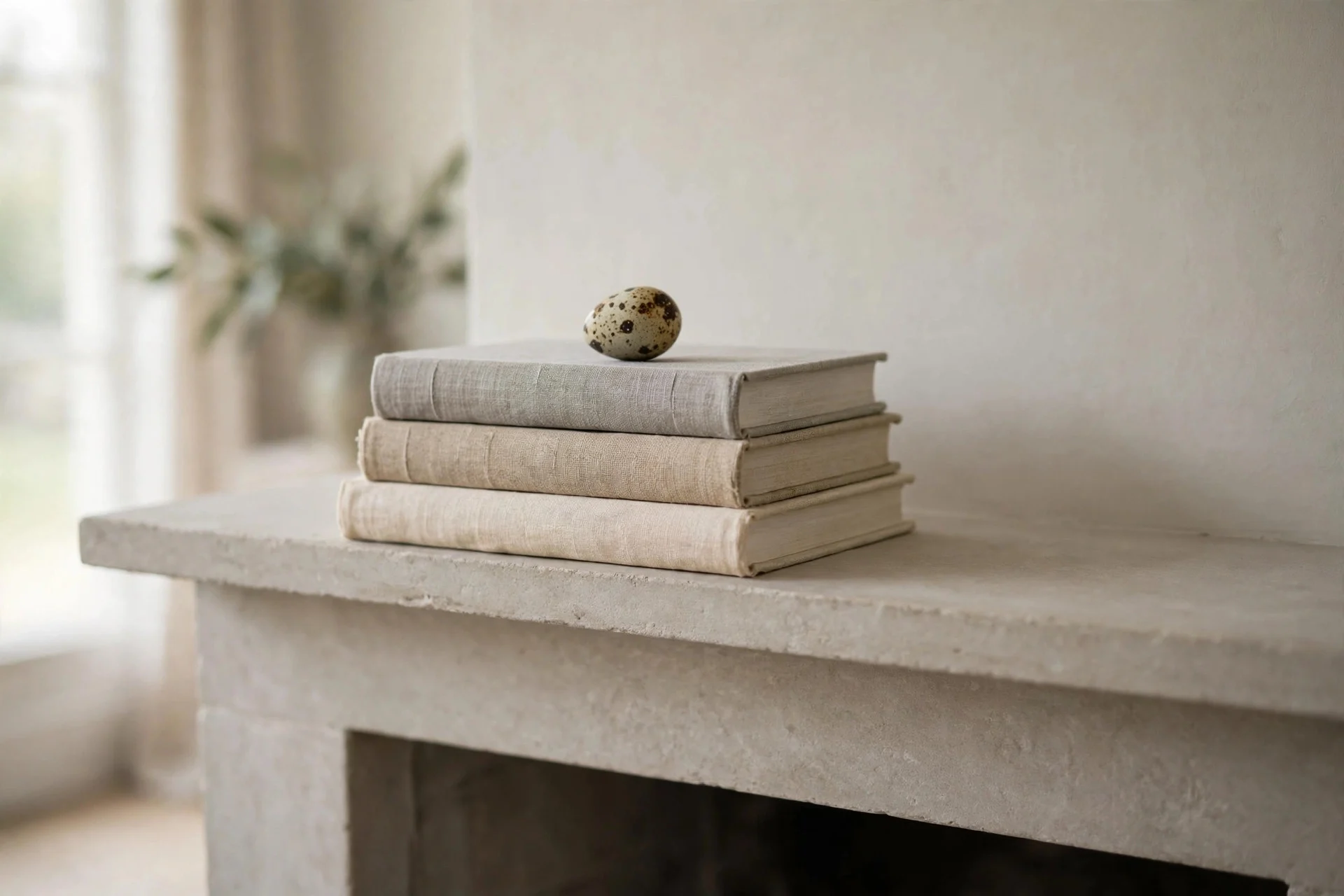 Stack of linen-bound books in cream and beige topped with a single speckled egg on a mantel