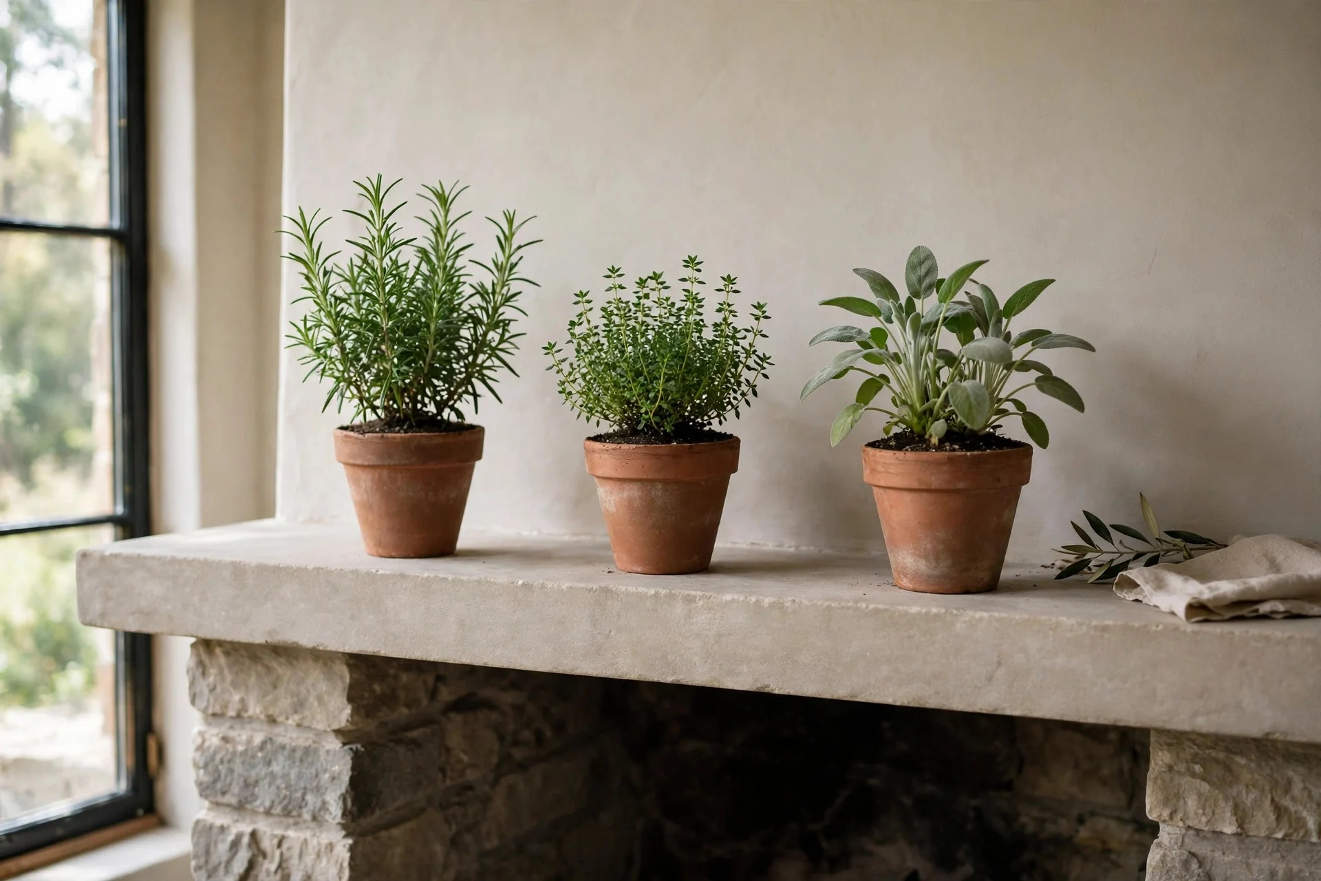 Small terracotta clay pots with fresh green herbs lined along a neutral fireplace mantel