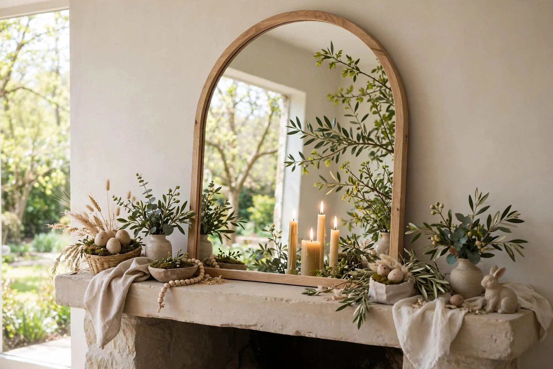 Arched mirror leaning on a mantel reflecting soft neutral Easter decor and spring light