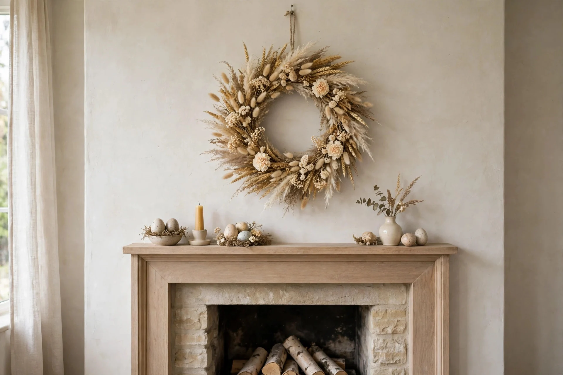 Round wreath of dried grasses and cream flowers hanging above a neutral Easter mantel