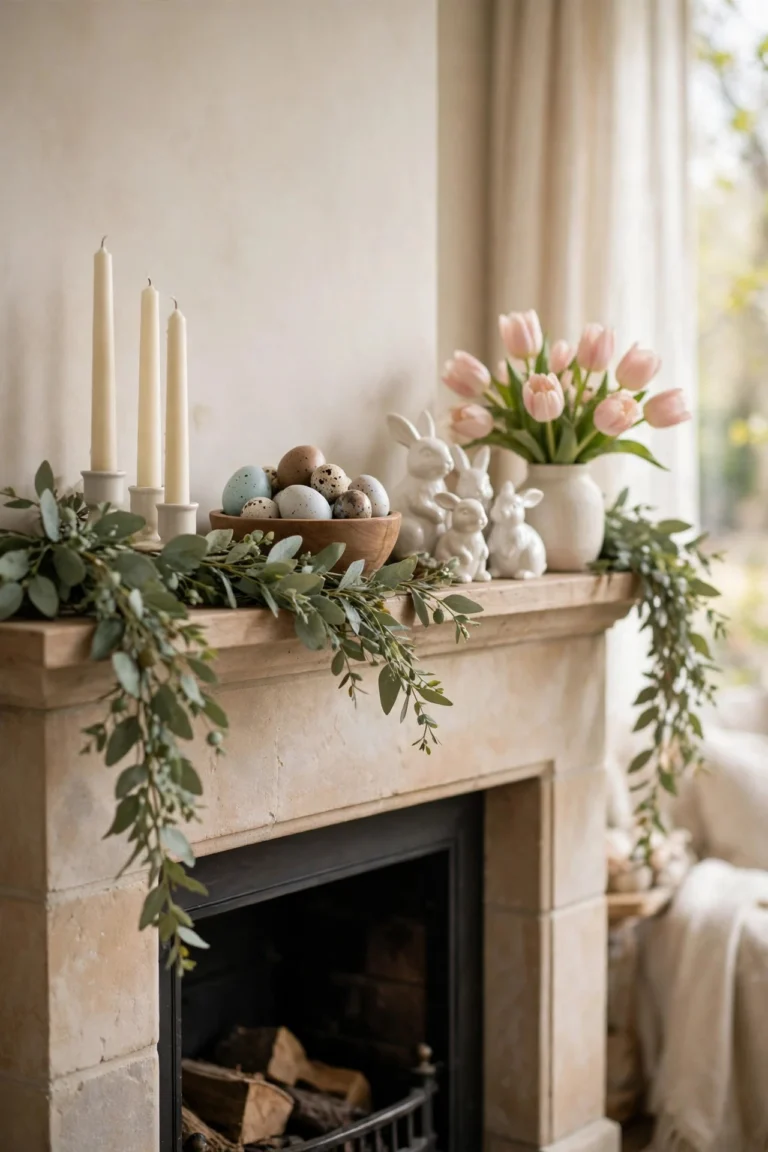 Soft neutral Easter mantel with sage garland, white ceramic bunnies, speckled eggs and candlelight in a bright living room