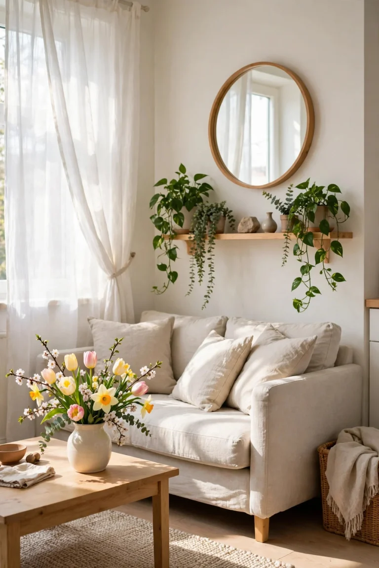 Bright small apartment living room refreshed for spring with sheer curtains, round mirror, trailing plants and spring flowers
