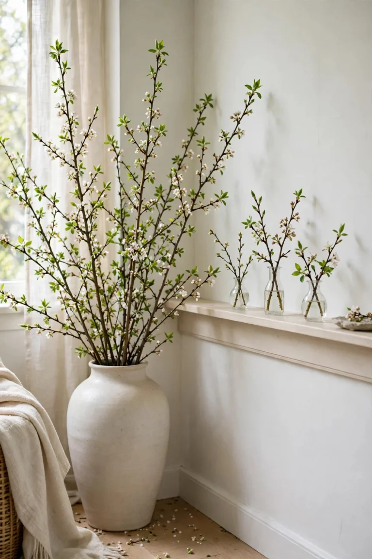 Bright spring living room with tall fresh branches and buds in vases, soft daylight and pale walls
