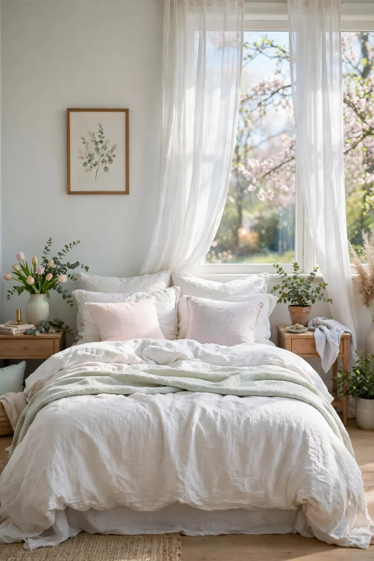 Bright spring bedroom with white linen bedding, sheer curtains and pale pastel accents in soft daylight