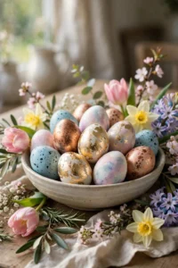 Sunny Easter table centerpiece with a bowl of decorated eggs in gold leaf, pastel watercolor, speckled blue and copper beside spring flowers