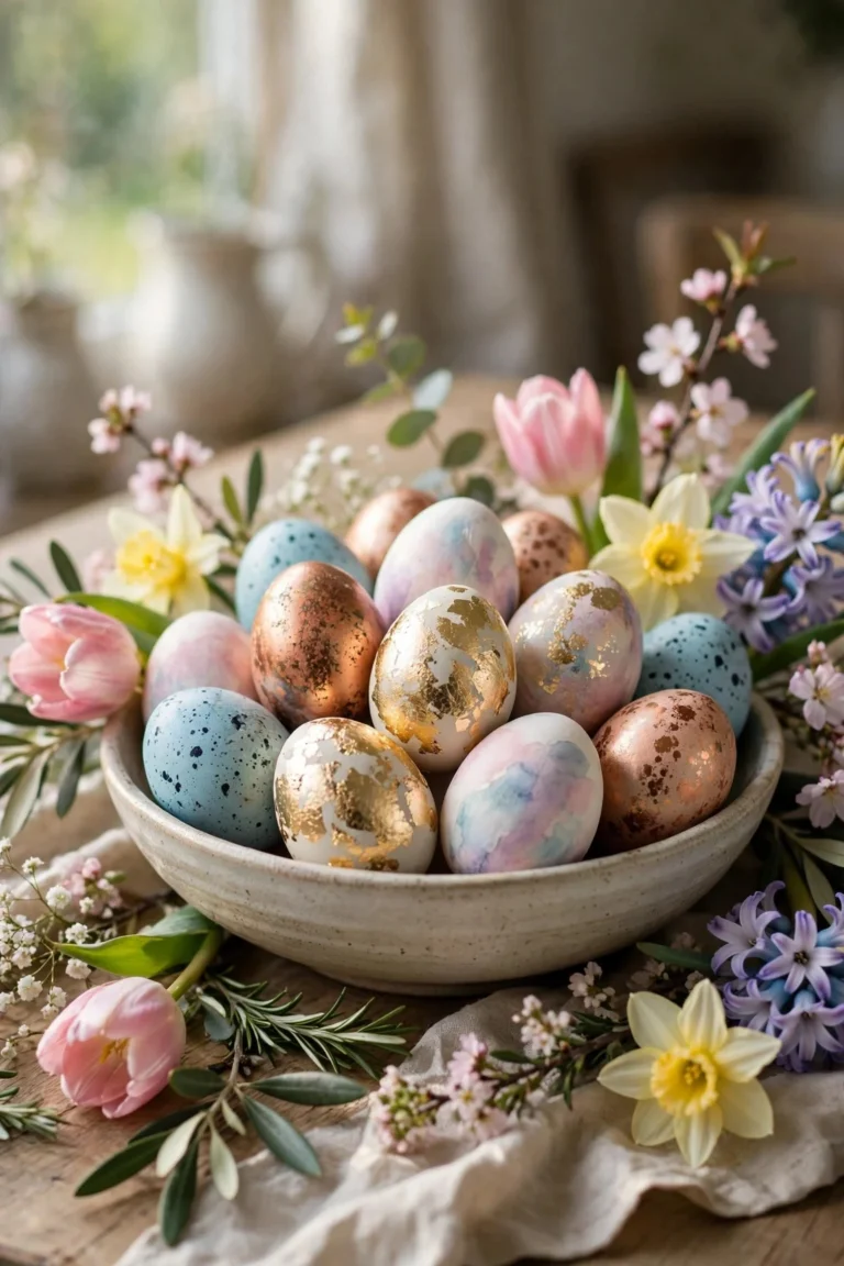 Sunny Easter table centerpiece with a bowl of decorated eggs in gold leaf, pastel watercolor, speckled blue and copper beside spring flowers