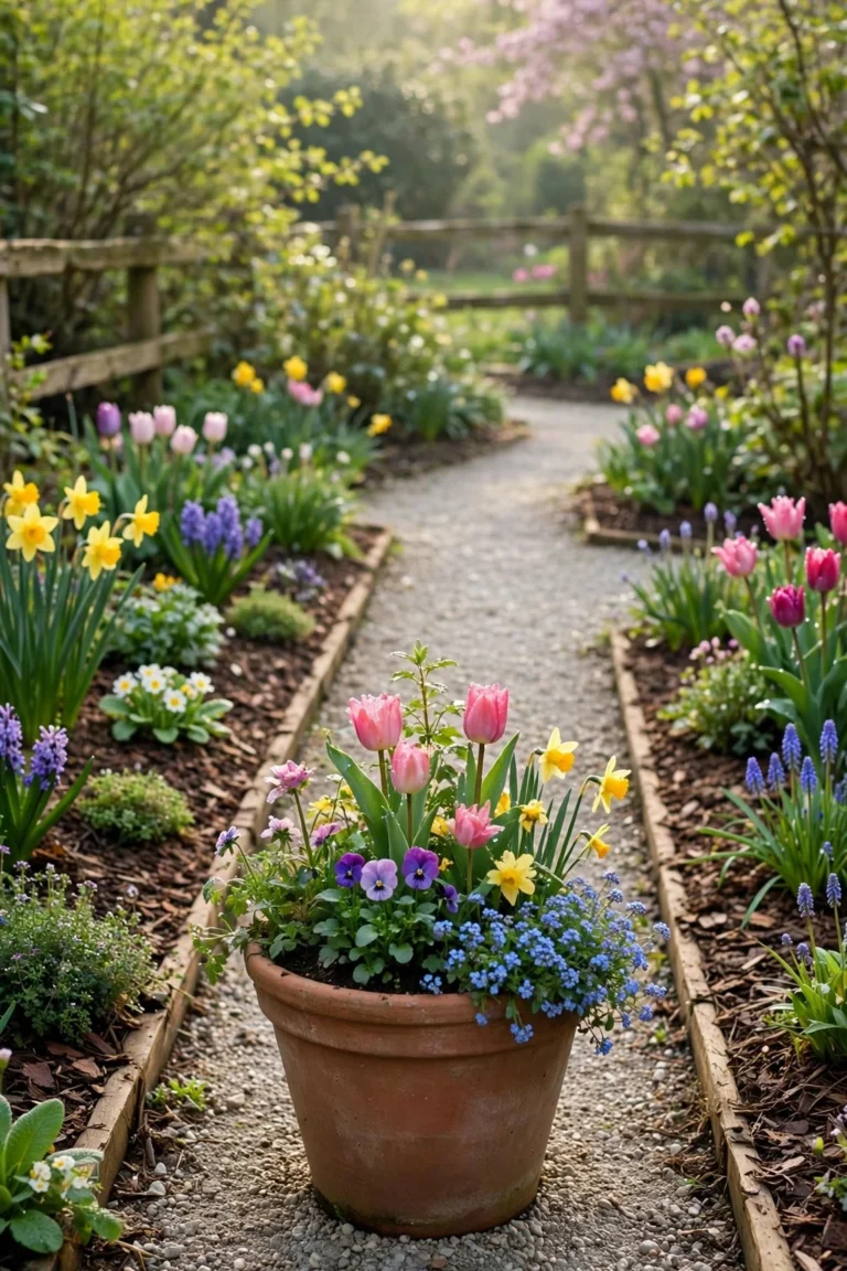 A refreshed spring garden with tidy mulched beds, colorful flowers, a gravel path and a terracotta pot focal point in morning light