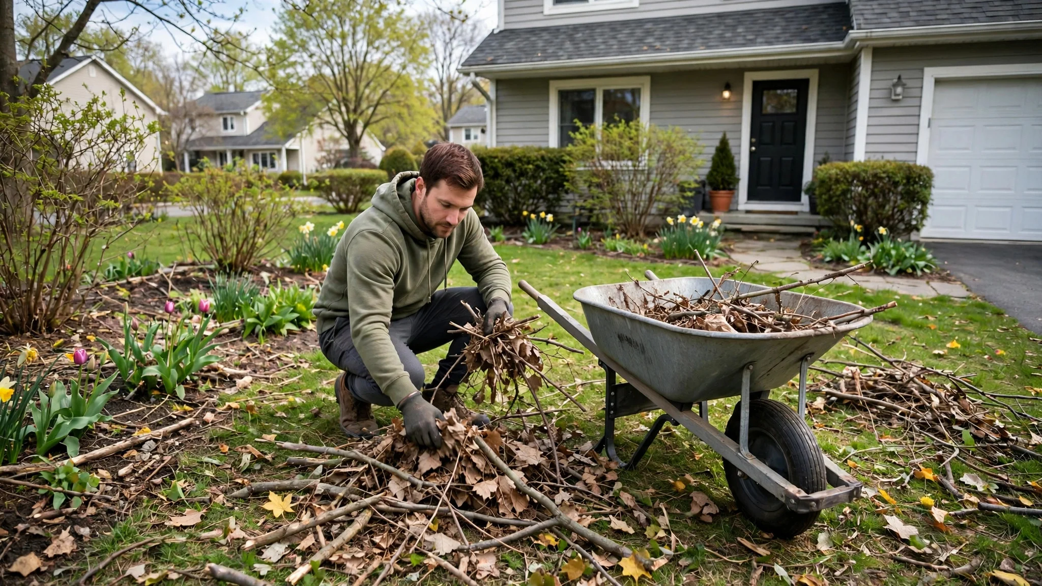 Person clearing fallen branches and dead leaves from a front yard in spring