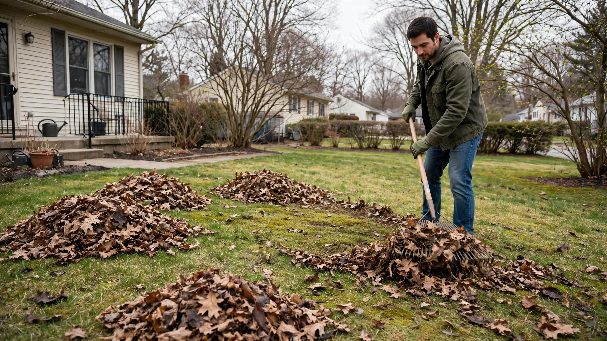 Raking matted dead leaves off a front lawn in early spring