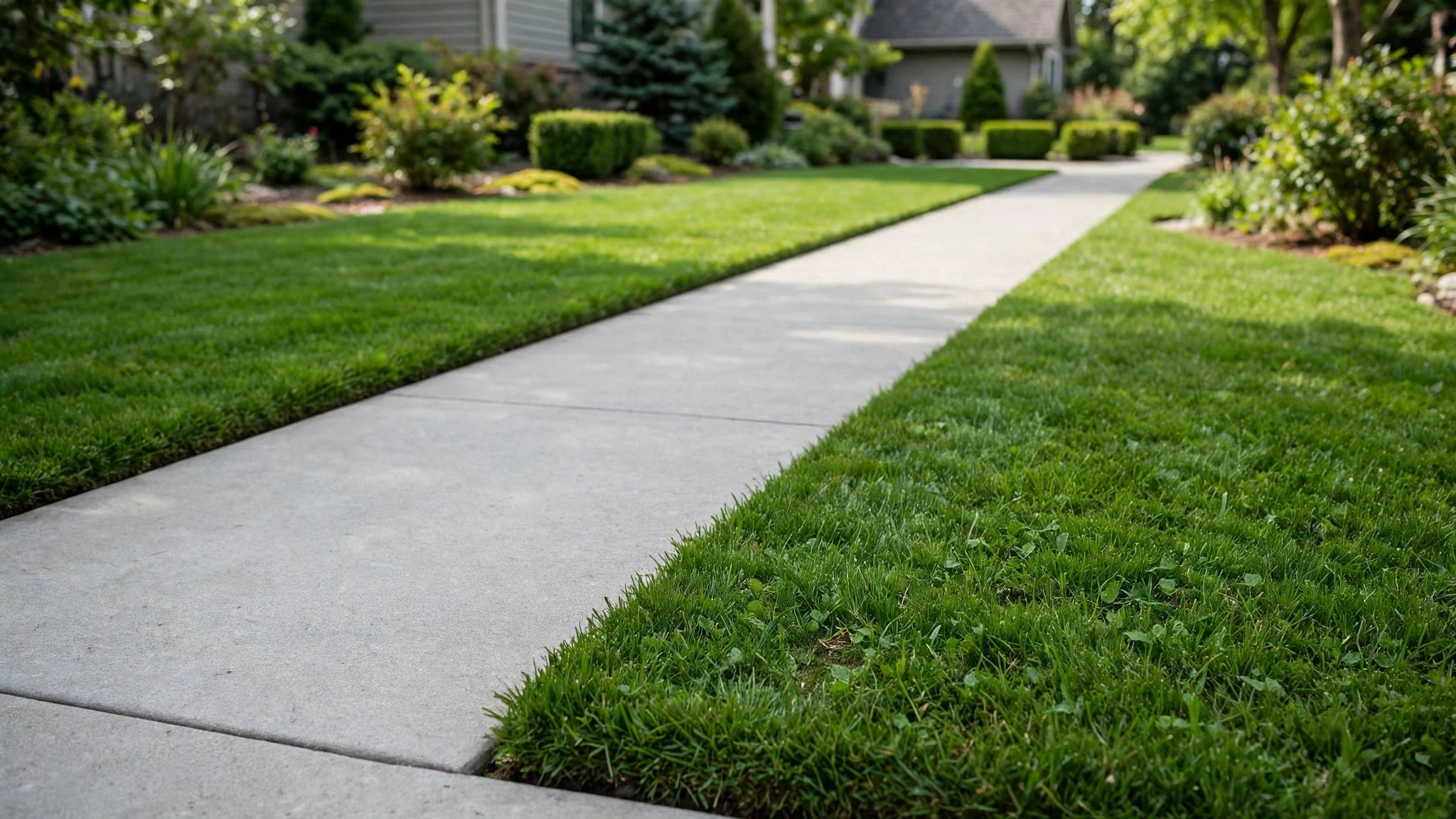 Neatly edged lawn along a front walkway after spring cleanup