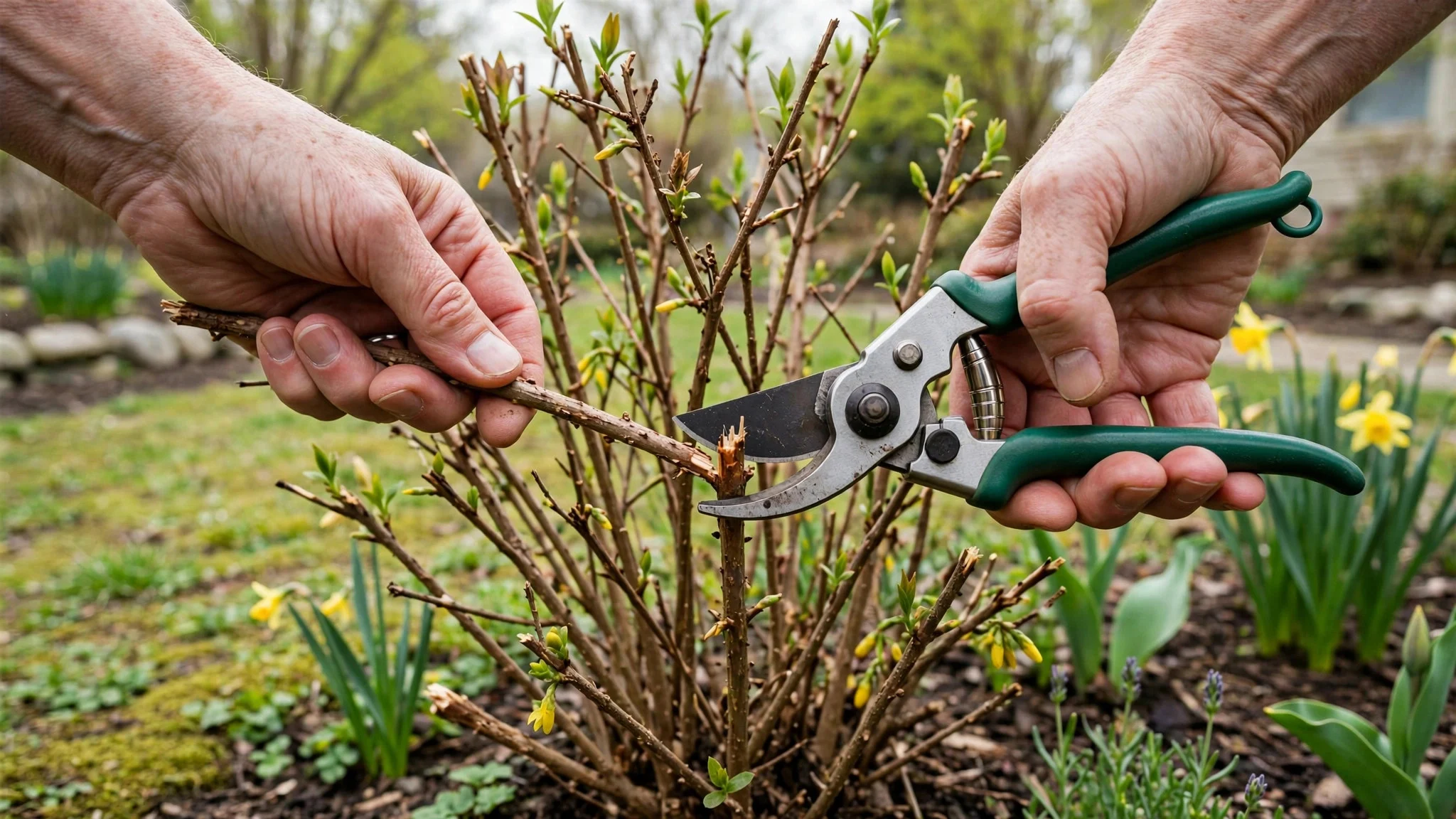 Pruning dead branches from a front yard shrub with hand pruners