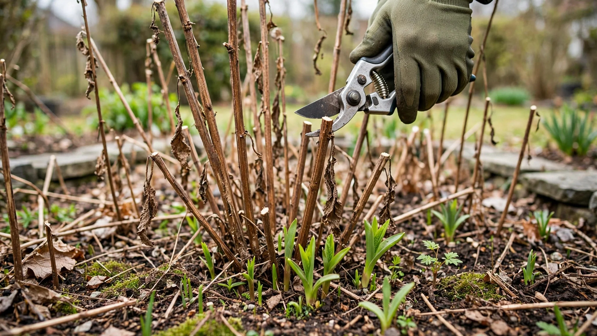 Cutting back dead perennial stems in a front garden bed in spring